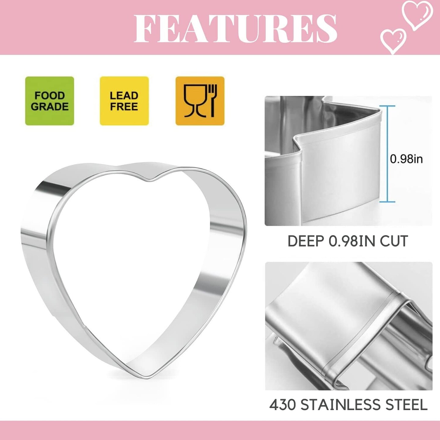 Valentine&#x27;s Day Cookie Cutters Set 5 Pcs Stainless Steel Heart Biscuit