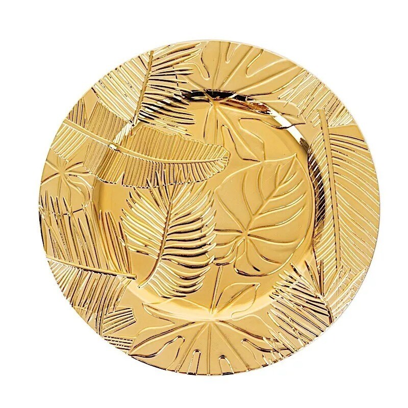 6 Metallic Gold 13" Round Acrylic CHARGER PLATES Embossed Tropical Leaves Party