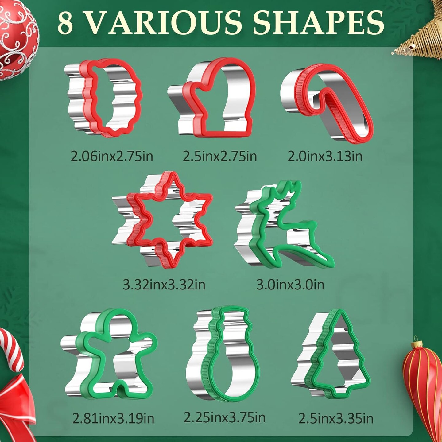 Christmas Cookie Cutters Set 8 Pieces, Stainless Steel Xmas Shapes