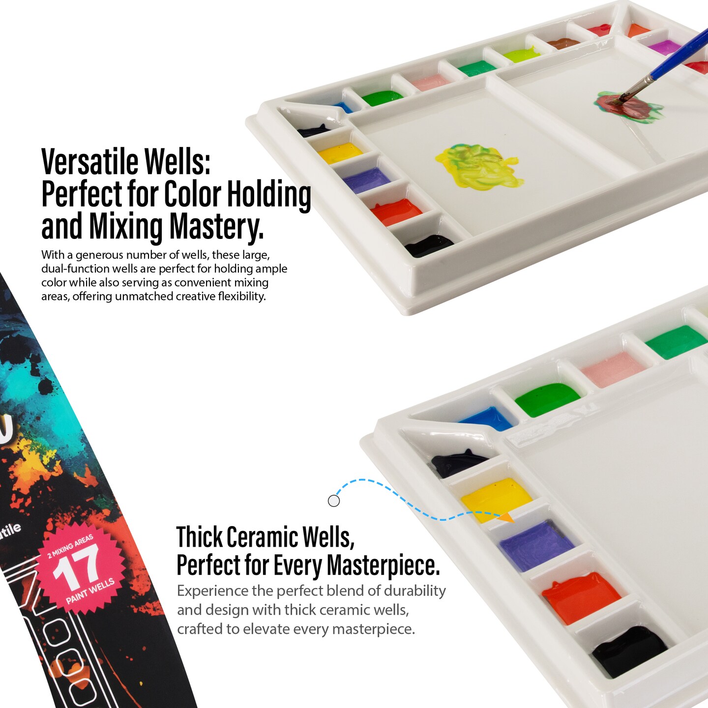 Pintar Ceramic Watercolor Paint Palette Tray - 17 Well Ceramic Palette | Rectangle - 13 x 9.8 inch Paint Pallet | Durable Watercolor Palette Tray for Acrylic, Oil, Gouache &#x26; All Water-Based Paints