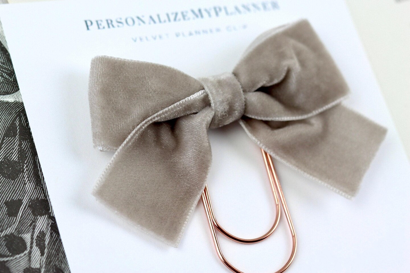 product name is Rose Gold Paper Clip, Velvet Bow Planner Clip, Rose Gold Planner Clip, Bookmark Gift for Her, Personalize My Planner, Party Favor