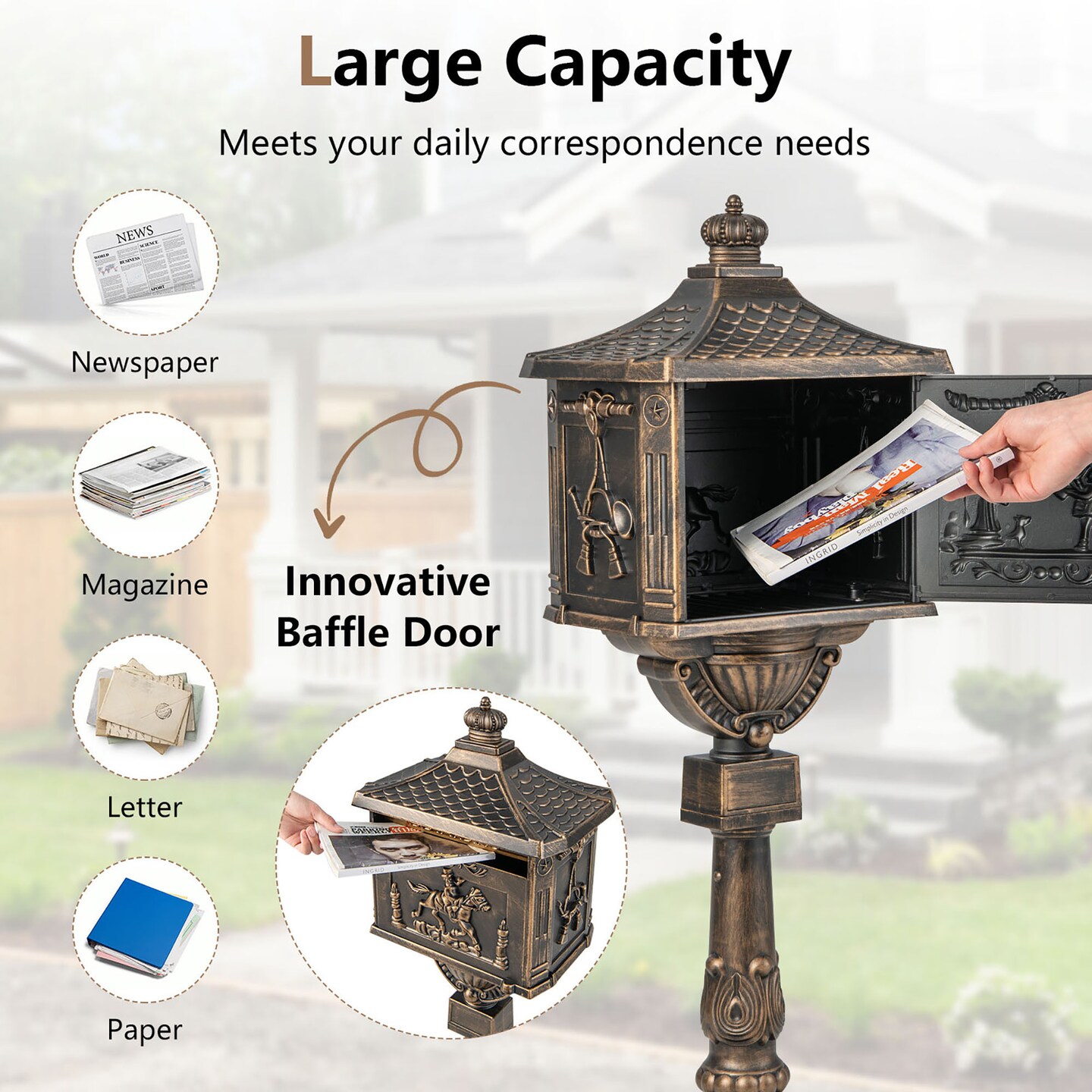 Costway Retro Cast Aluminum Mailbox Lockable Security Postal Letter Box withBaffle Door Bronze/Black/White