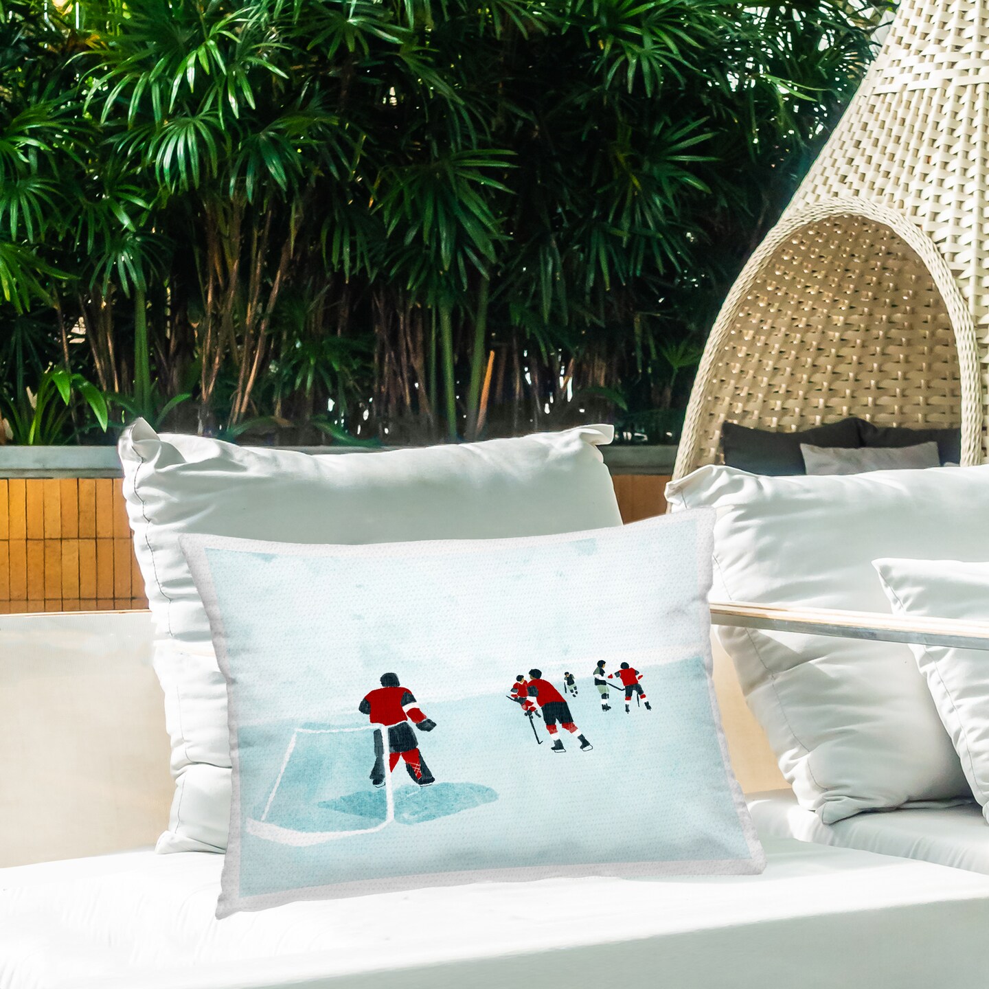 Hockey Players on Ice Outdoor Printed Pillow Design by Daphne Polselli, 14 x 7 x 20
