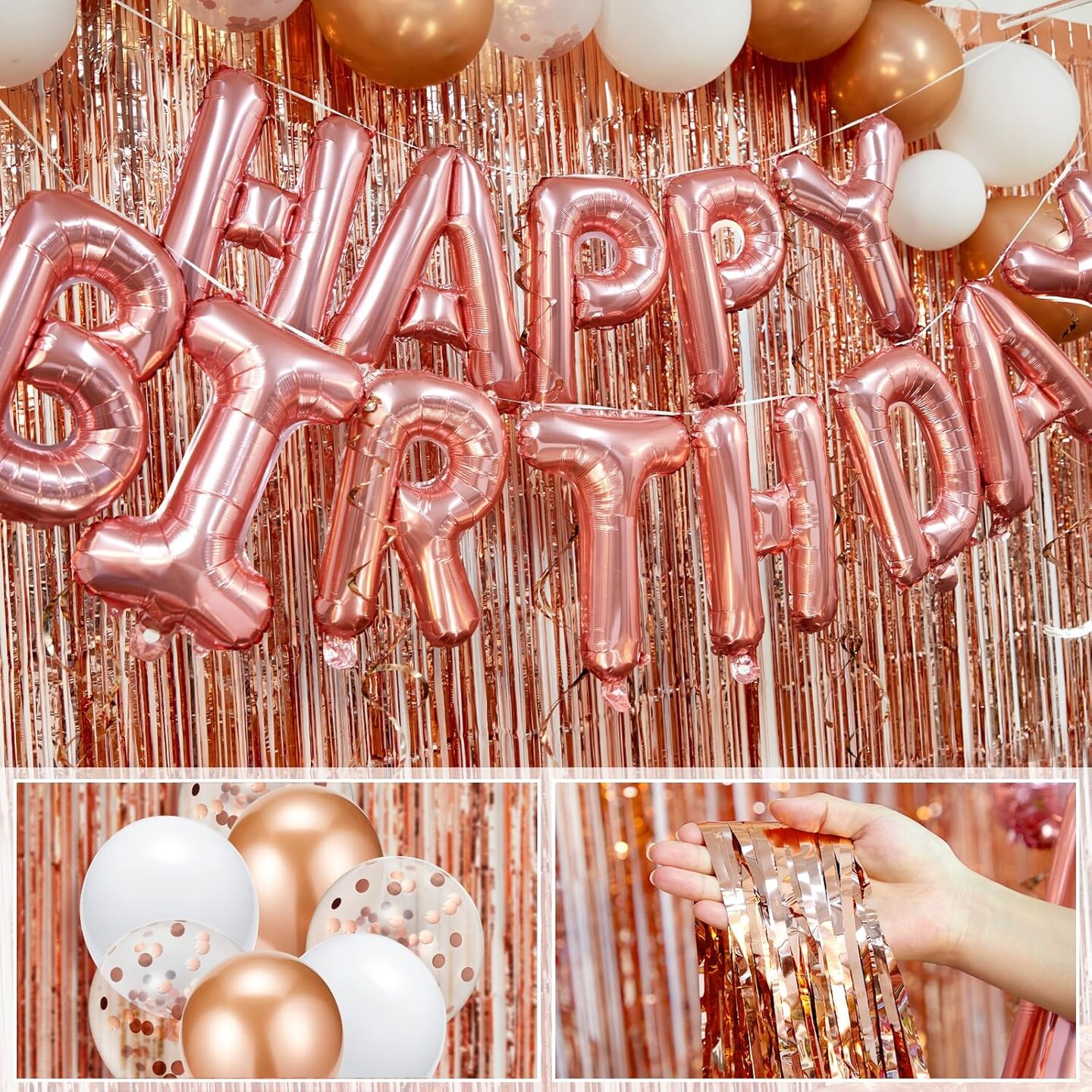 Rose Gold Happy Birthday Party Decorations for Women, Happy Birthday Banner for Her, Fringe Curtains, Foil Tablecloth, Confetti Balloons, Butterfly Decor for 13th 16th 18th 21st 30th 40th 50th
