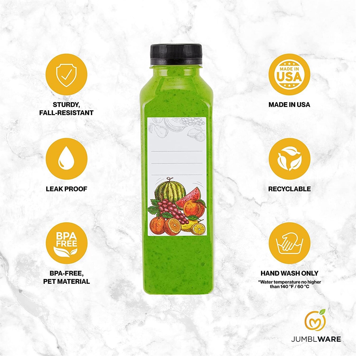 JumblWare 16 fl oz. Clear Plastic Juice Bottles with Caps, Recyclable Juice Bottles, 20 Pcs