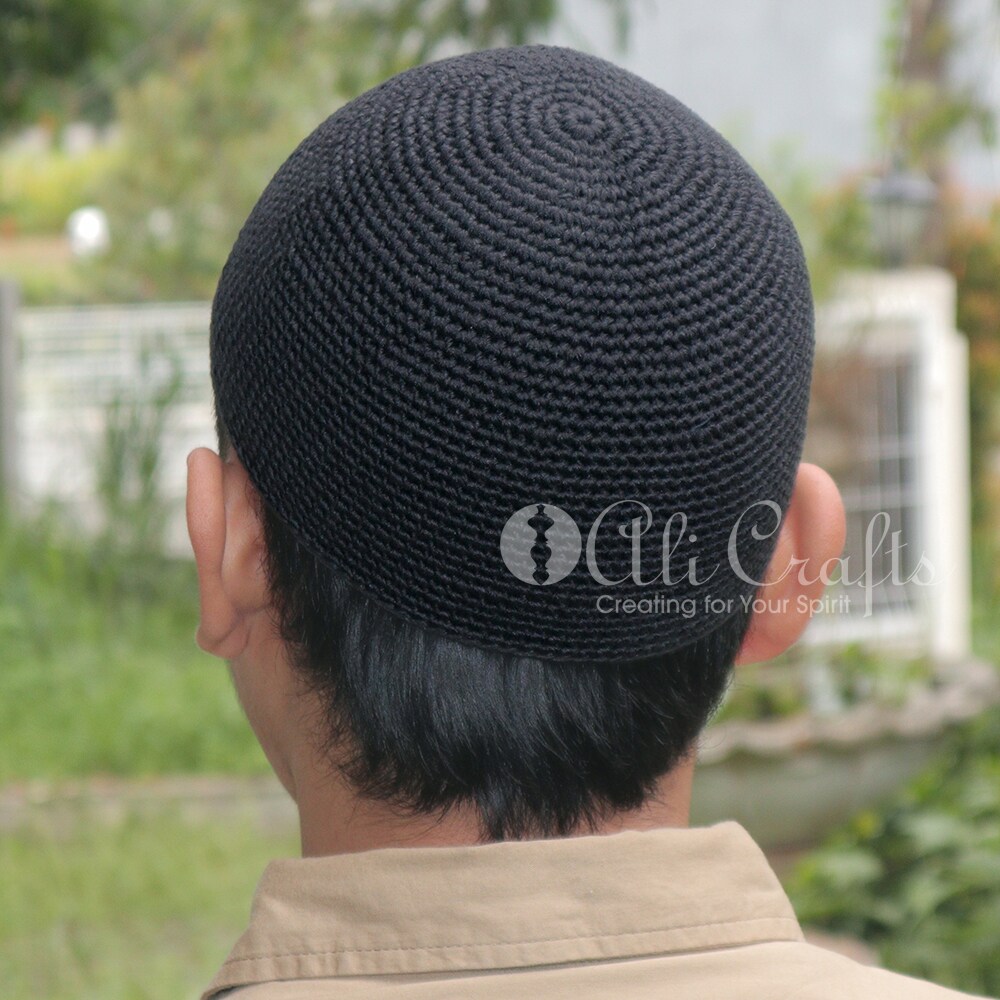 TheKufi Black Cotton Muslim Prayer Cap - Crocheted Comfort Skull Cap