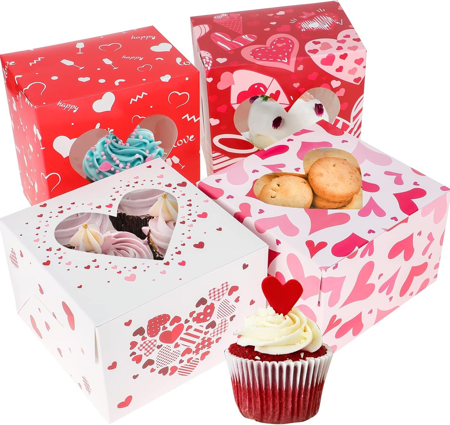 12Ct Large Valentine Cupcake Boxes With Heart Viewing Window,Cookie Muffins Gift Box Treat Boxes Bakery Pastry Boxes for Gift Giving,Valentines Wedding Party Decor Valentines Favor Supplies