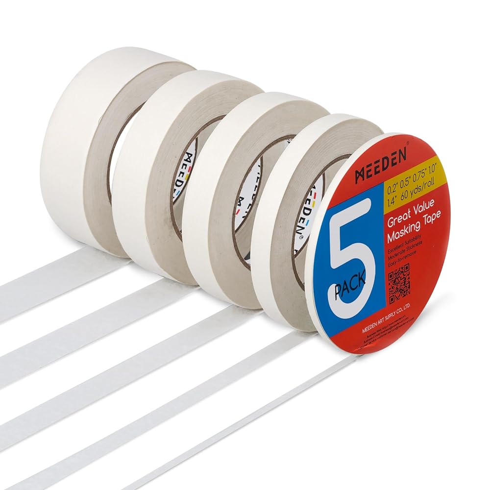MEEDEN 5 Packs White Artist Tape, 0.2&#x22; 0.5&#x22; 0.75&#x22; 1.0&#x22; 1.4&#x22; x 60 Yard, Multi-Sized Masking Art Tape, Acid-Free Painters Tape for Painting Drafting Framing, General Purpose for Craft, Office, School