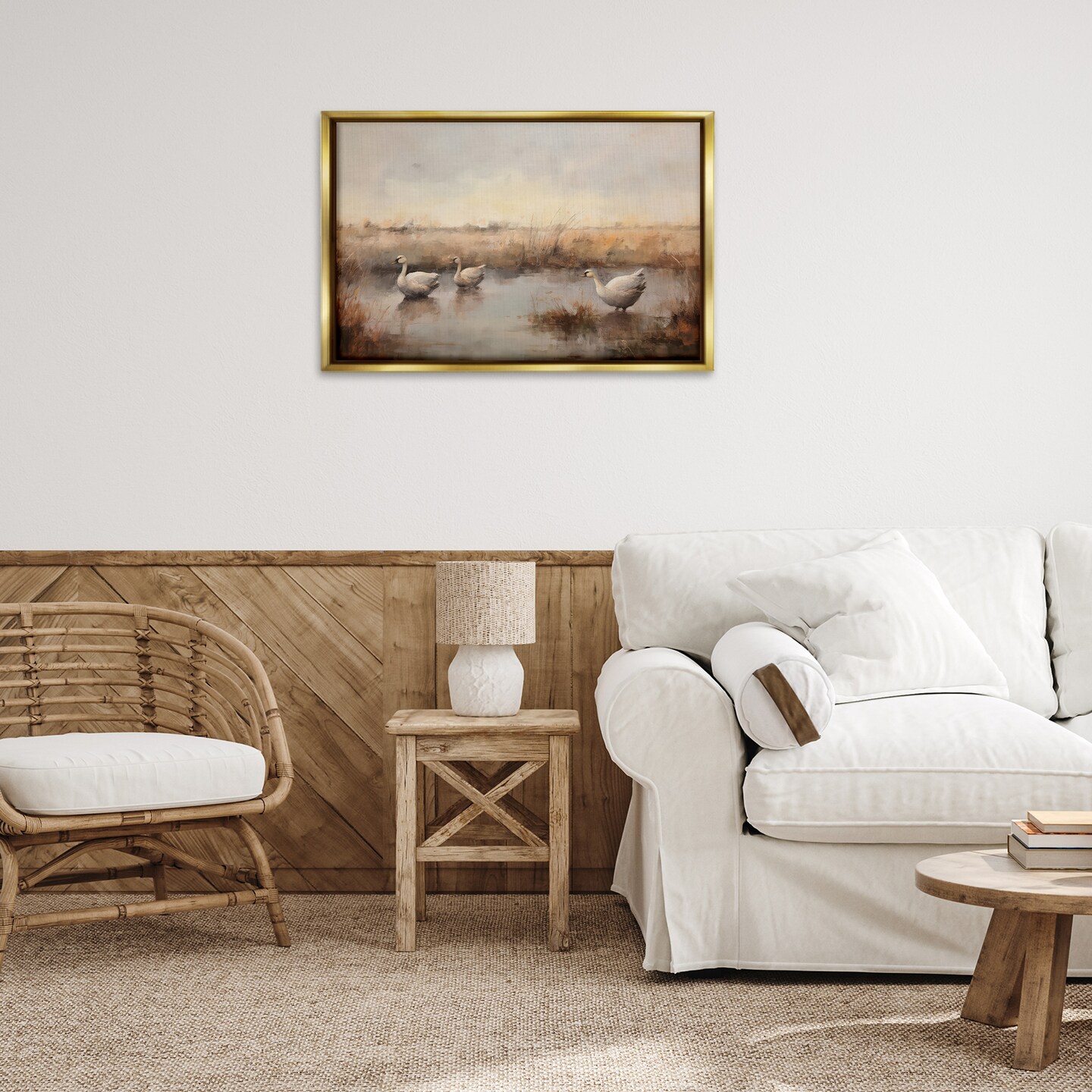 Stupell Industries Swan Family Rural Pond Framed Floater Canvas Wall Art Design by Petal Prints Design