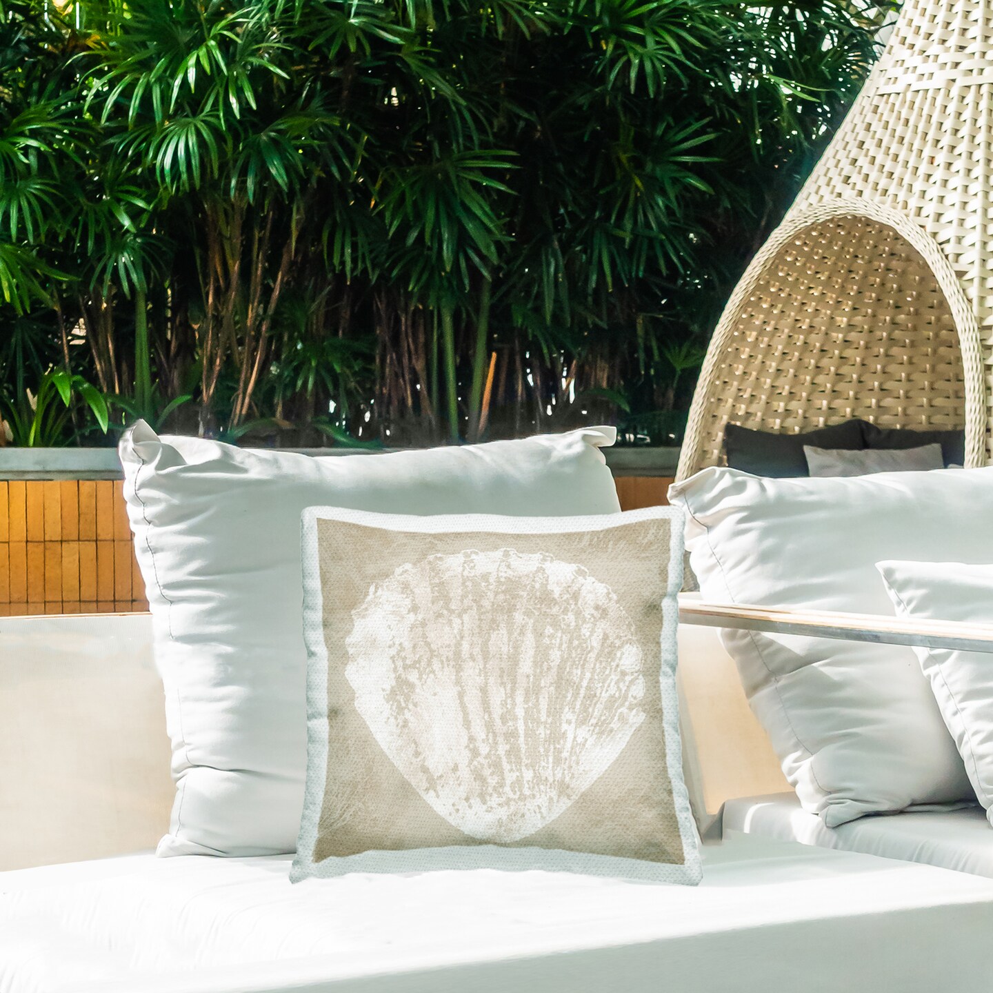 Sandy Clam Shell Impression Outdoor Printed Pillow Design by Carol Robinson, 18 x 7 x 18
