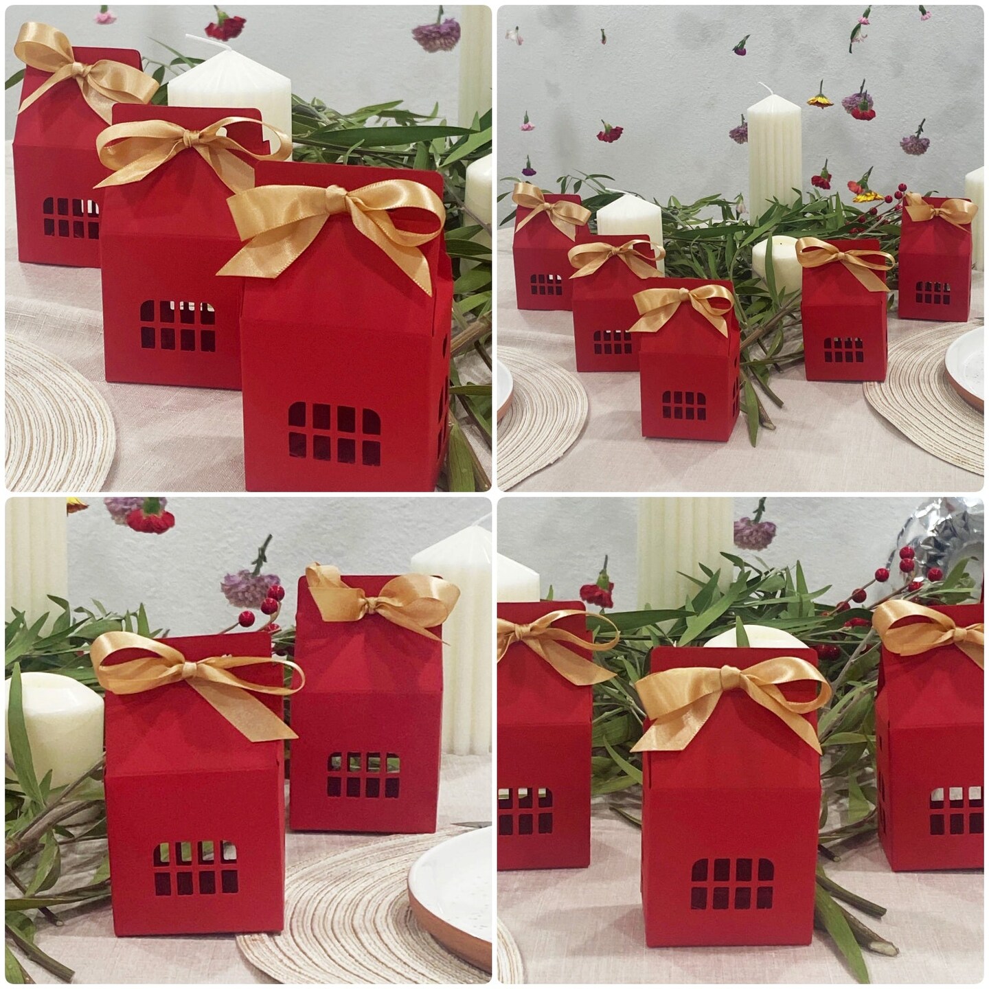 Wrapables House Shaped Gift Boxes with Ribbons for Weddings, Housewarming, Cookies, Candies, Treats, Party Favors (Set of 24), Red