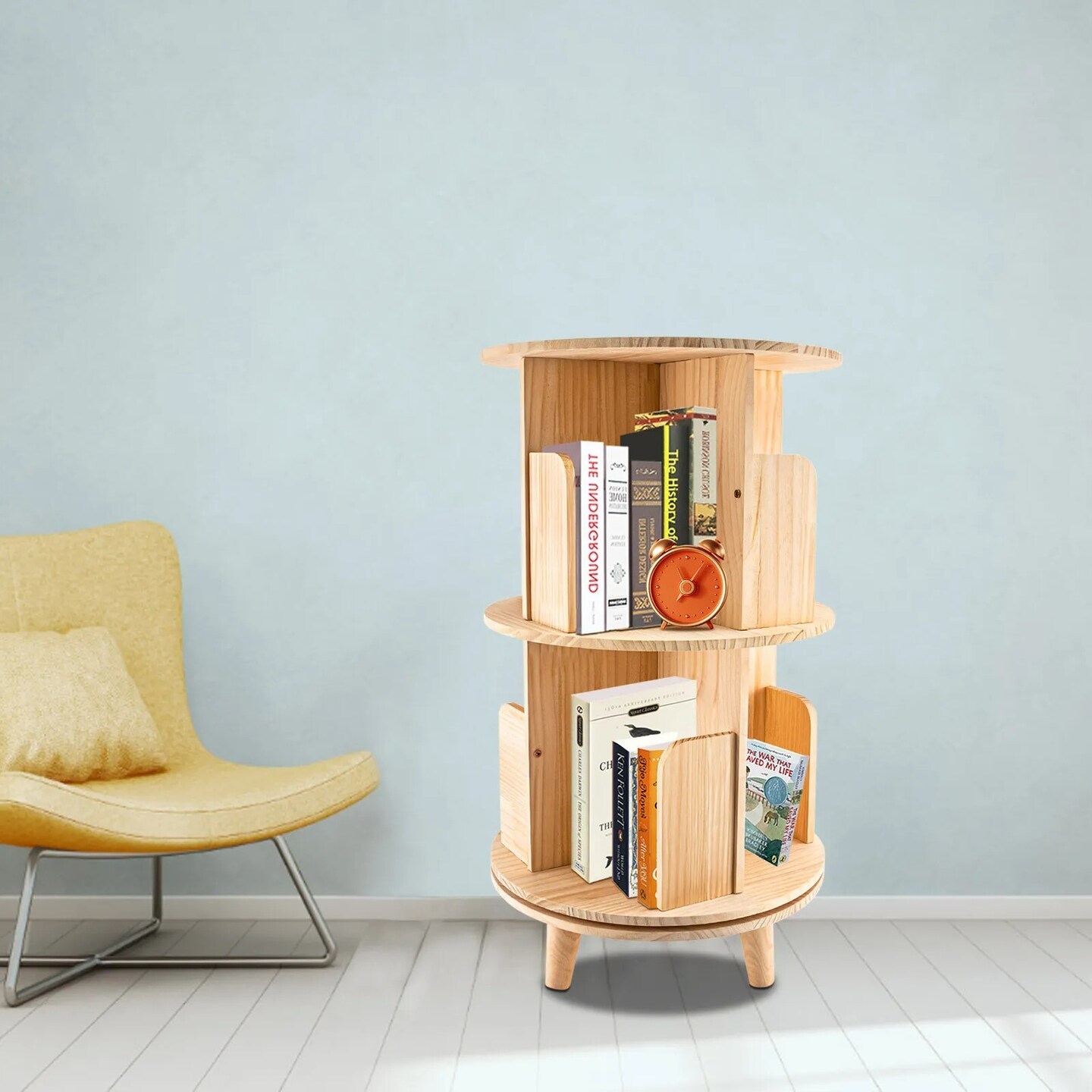 Wood 360 [ROTATING BOOKCASE] Freestanding 2 Tiers Small Bookshelf Display Rack