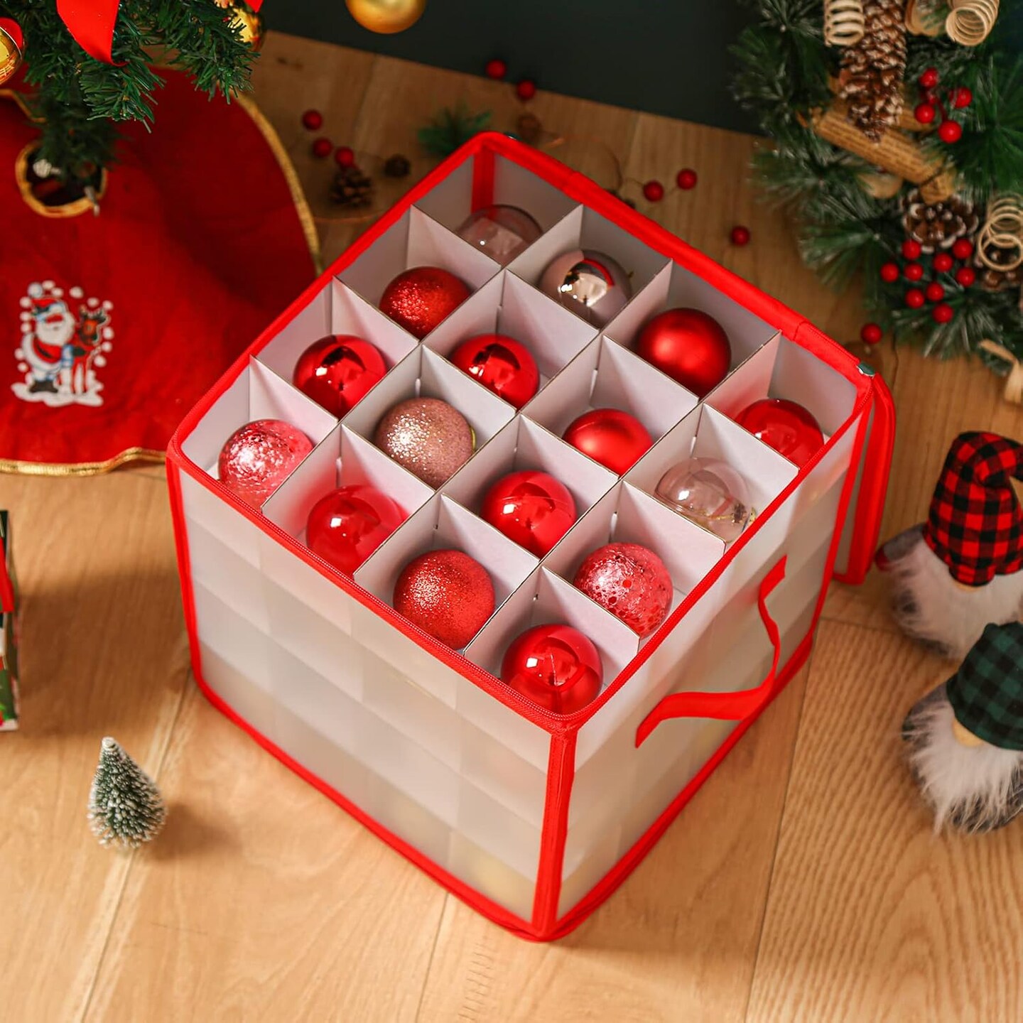 Plastic Christmas Ornament Storage Box with Zippered Closure [1Pack], Hold 64 Christmas Balls Holiday Ornaments Holiday Ornament Storage Cube Organizer Christmas Chest with Dividers, Xmas Holiday