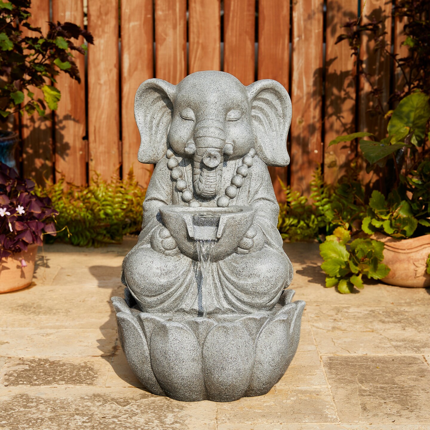 21.75"H 2-Tiered Zen-Style Concrete Elephant Polyresin Outdoor Fountain with Pump and LED Light