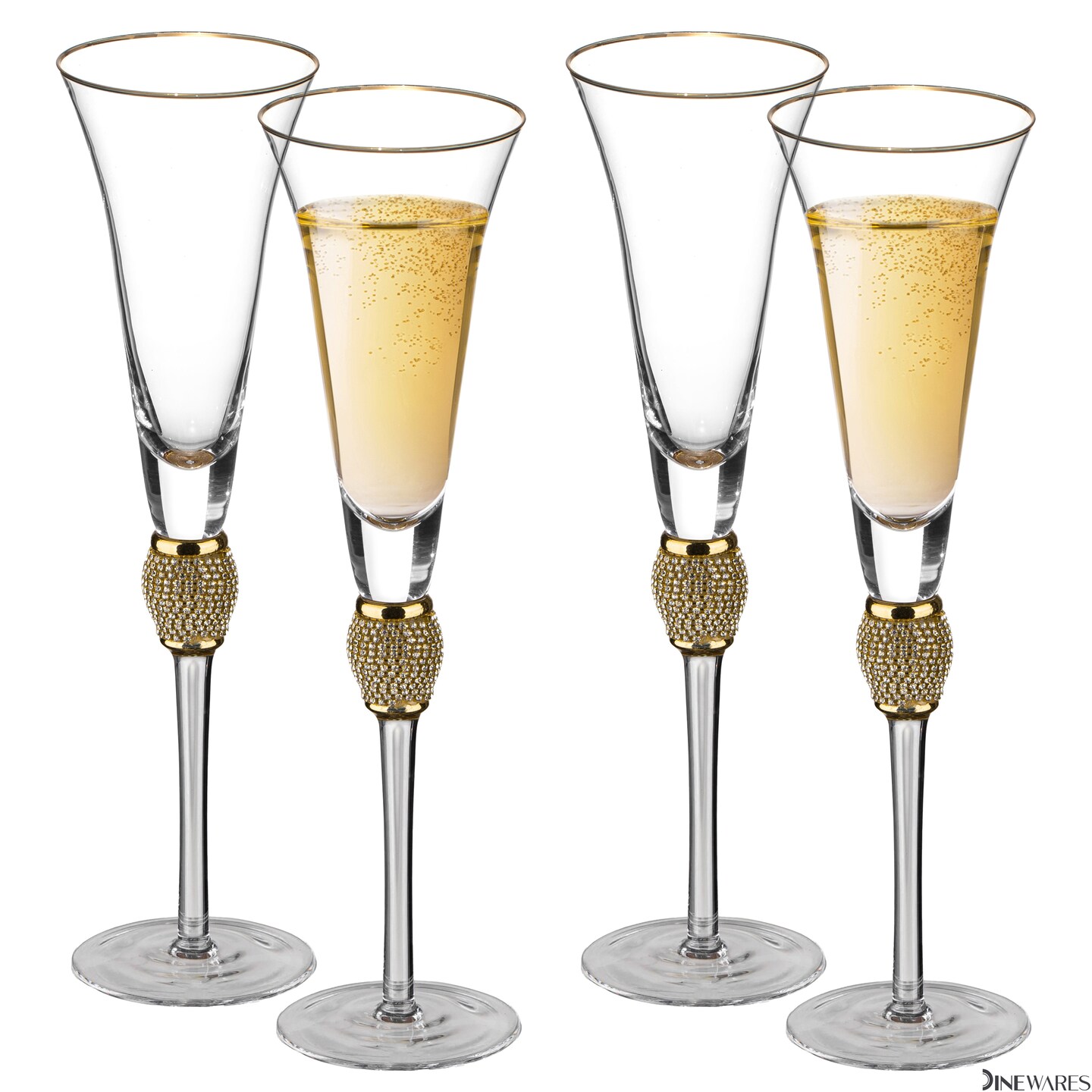 Elegant Crystal Set Wedding Champagne Glasses with Diamond Rhinestone Accents and a Polished Rim - 11 in Tall with Slender Long Stems, 7 oz - Chic Toasting Set for the Bride and Groom