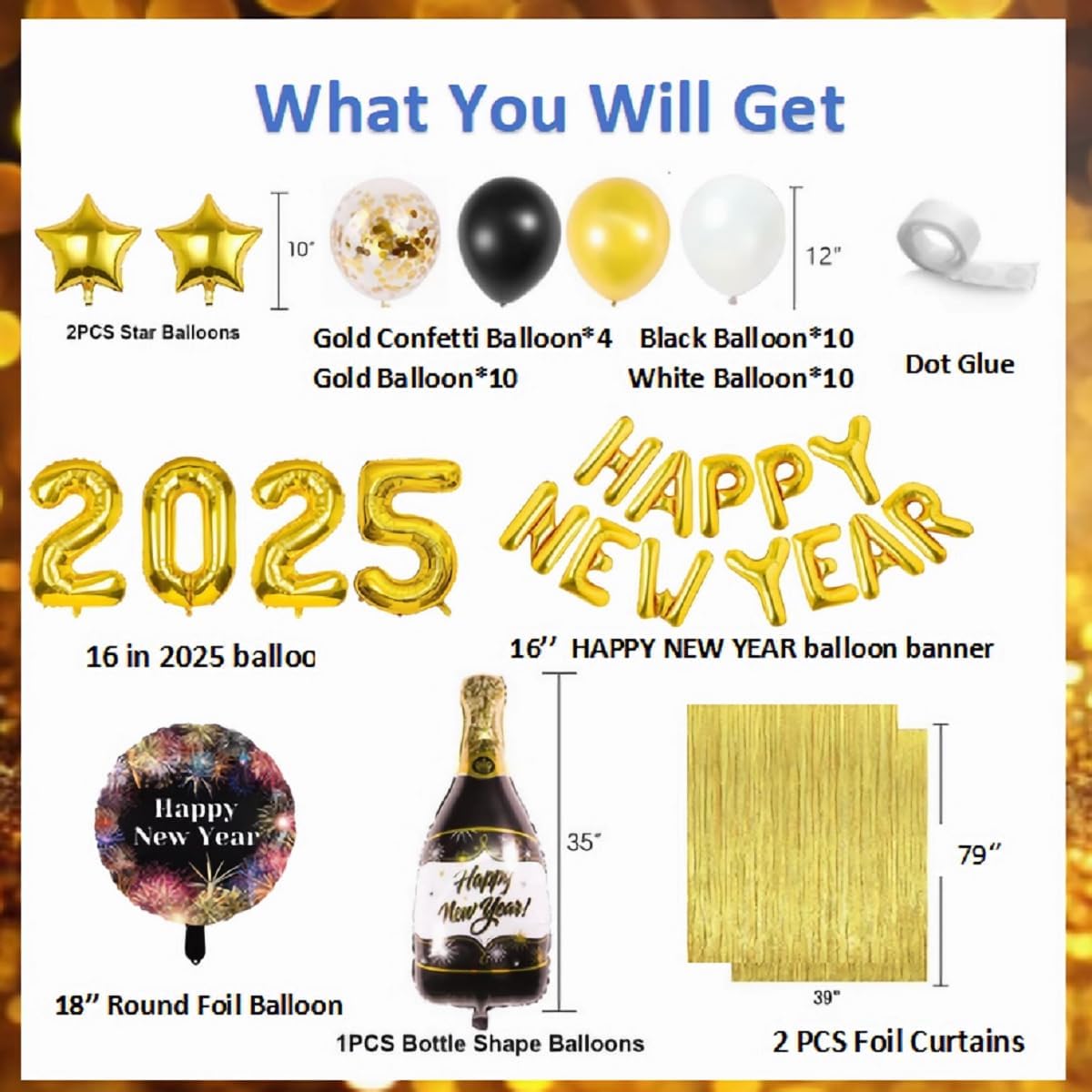 New Years Eve Party Supplies 2025 Happy New Year Decorations 2025 Balloons Party Set, 2025 New Years Decorations with Happy New Year Foil Banner, Latex Balloons, Curtains Backdrop for NYE Decorations