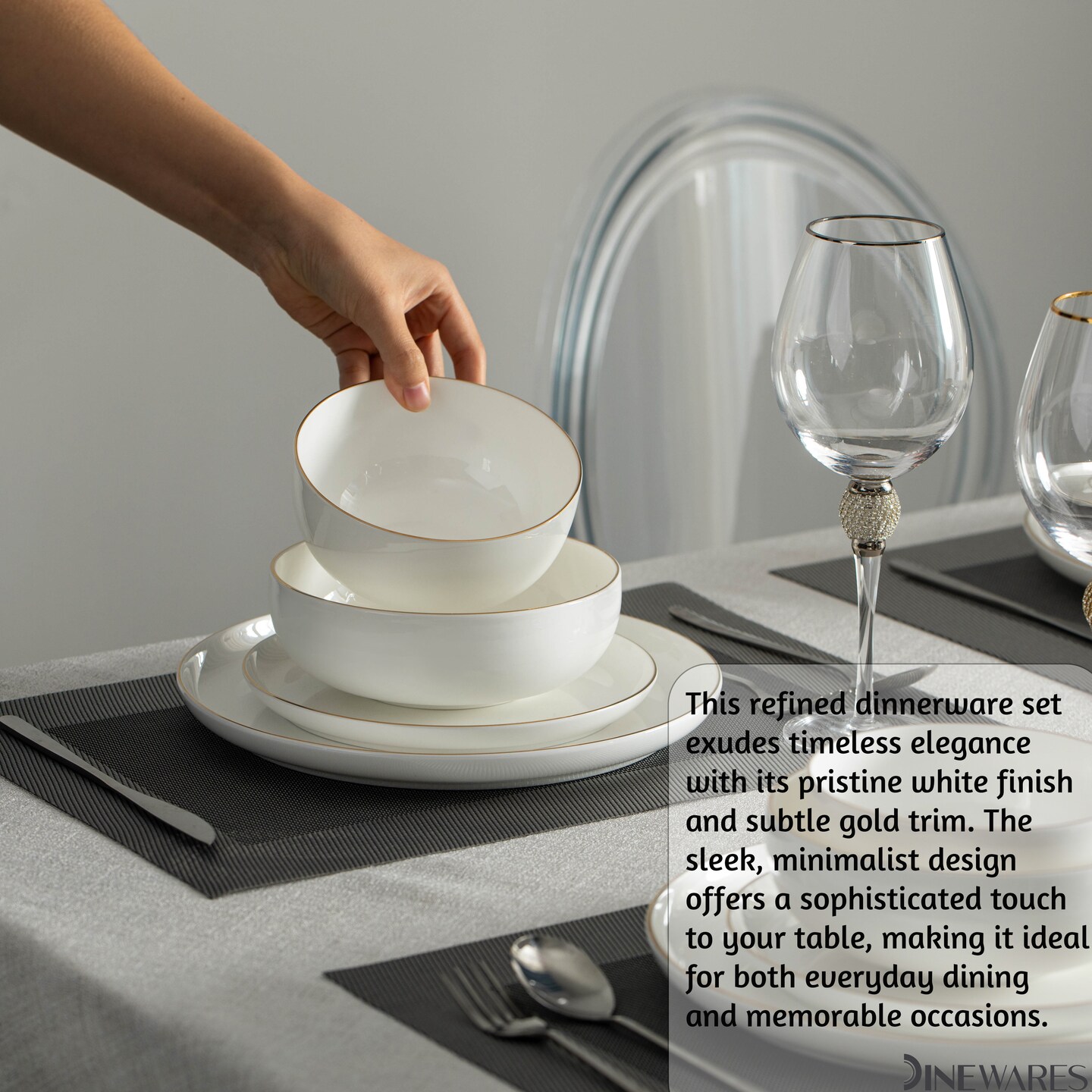 Perlaceo Luxurious Collection of White with Gold Rim Bone China Dinnerware Set - Lightweight and Durable - Service for 4 or 8, Including Dinner Plates, Salad Plates, and Cereal or Soup Bowls