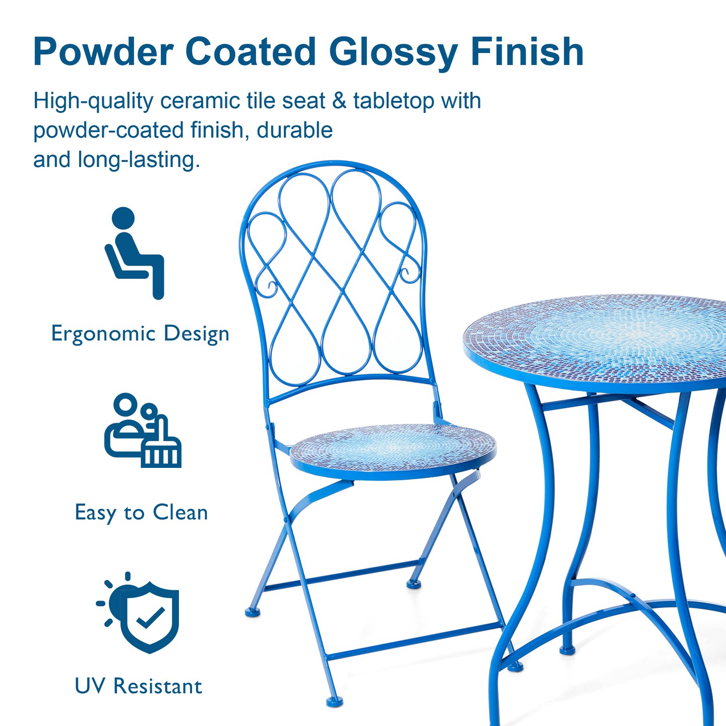 Set of 3 Outdoor Metal and Ceramic Tile Folding Bistro Set