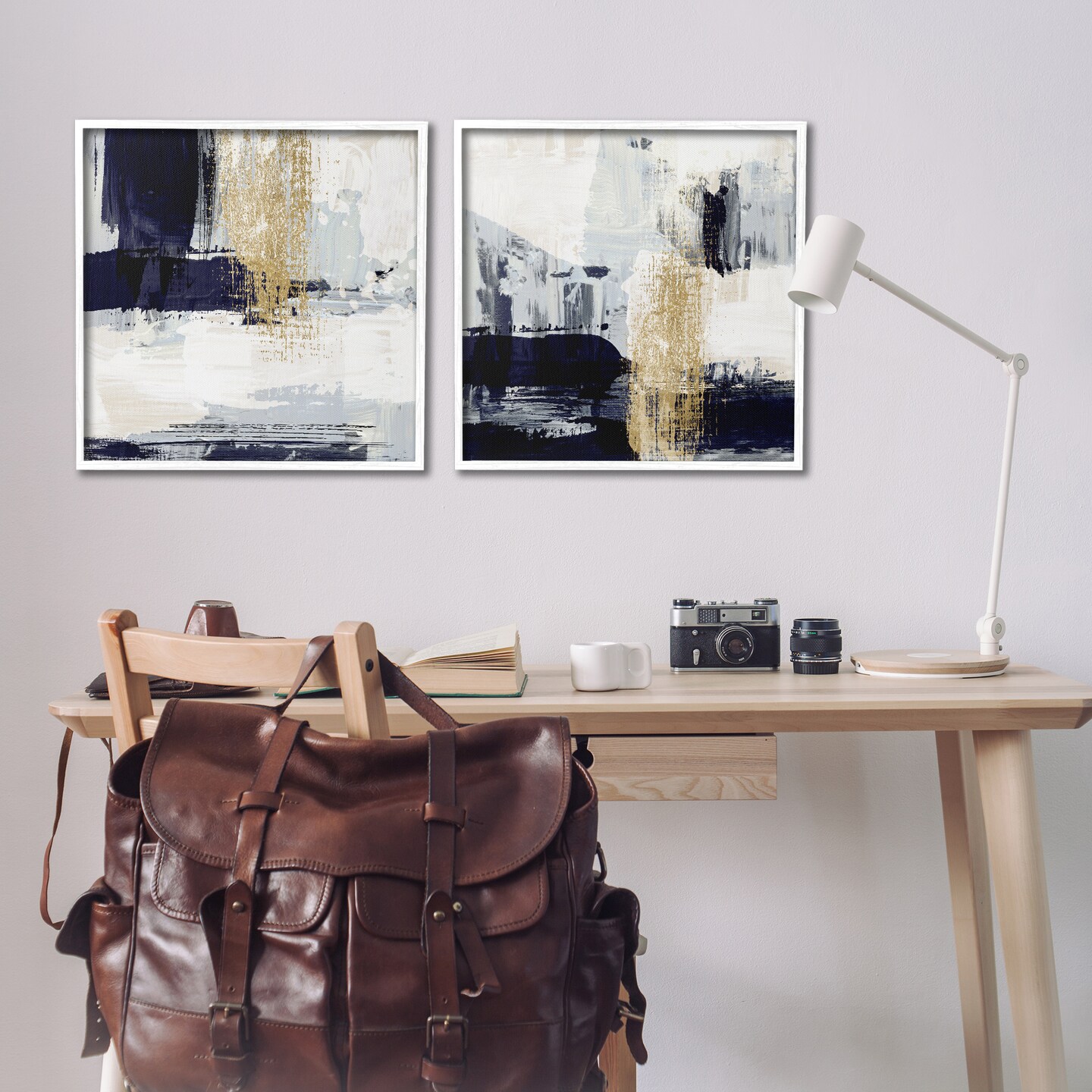 Stupell Industries Patchy Navy Gold Abstract 2 pc Framed Giclee Wall Art Set Design by Susan Jill