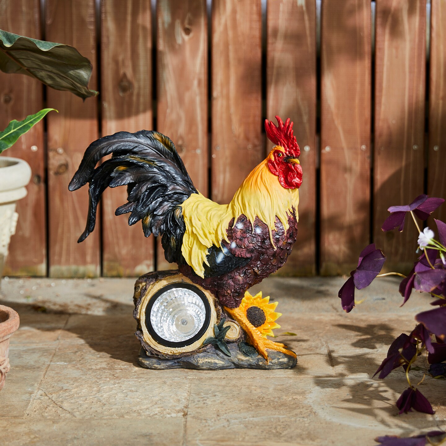 13.75&#x22;H Resin Solar Powered Vibrant Rooster Garden Statue