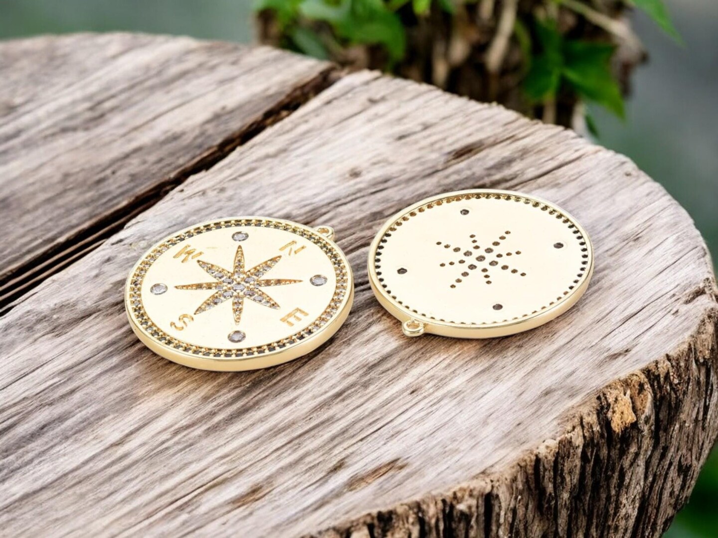 32x30mm 18k Gold Plated Micro Pave Cubic Zirconia Compass Pendant