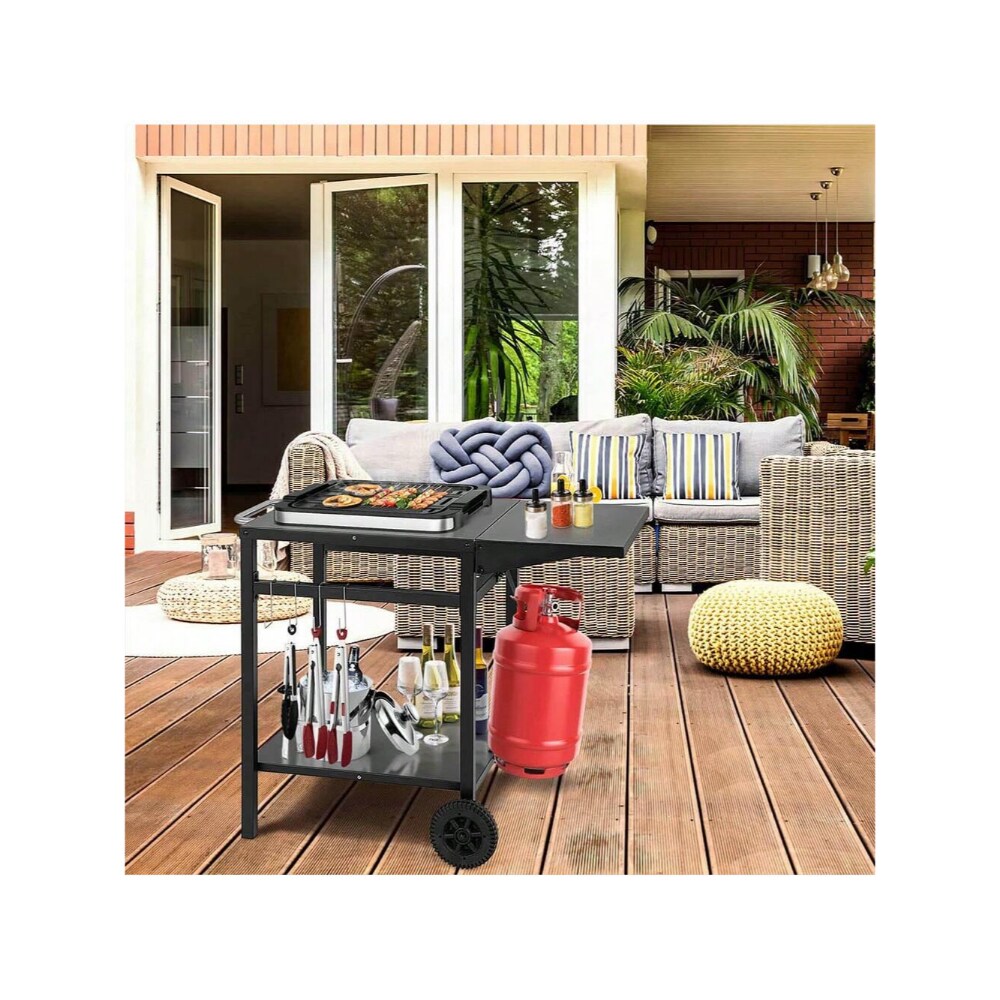 Black Movable Outdoor Grill Cart with Folding Tabletop and Hooks