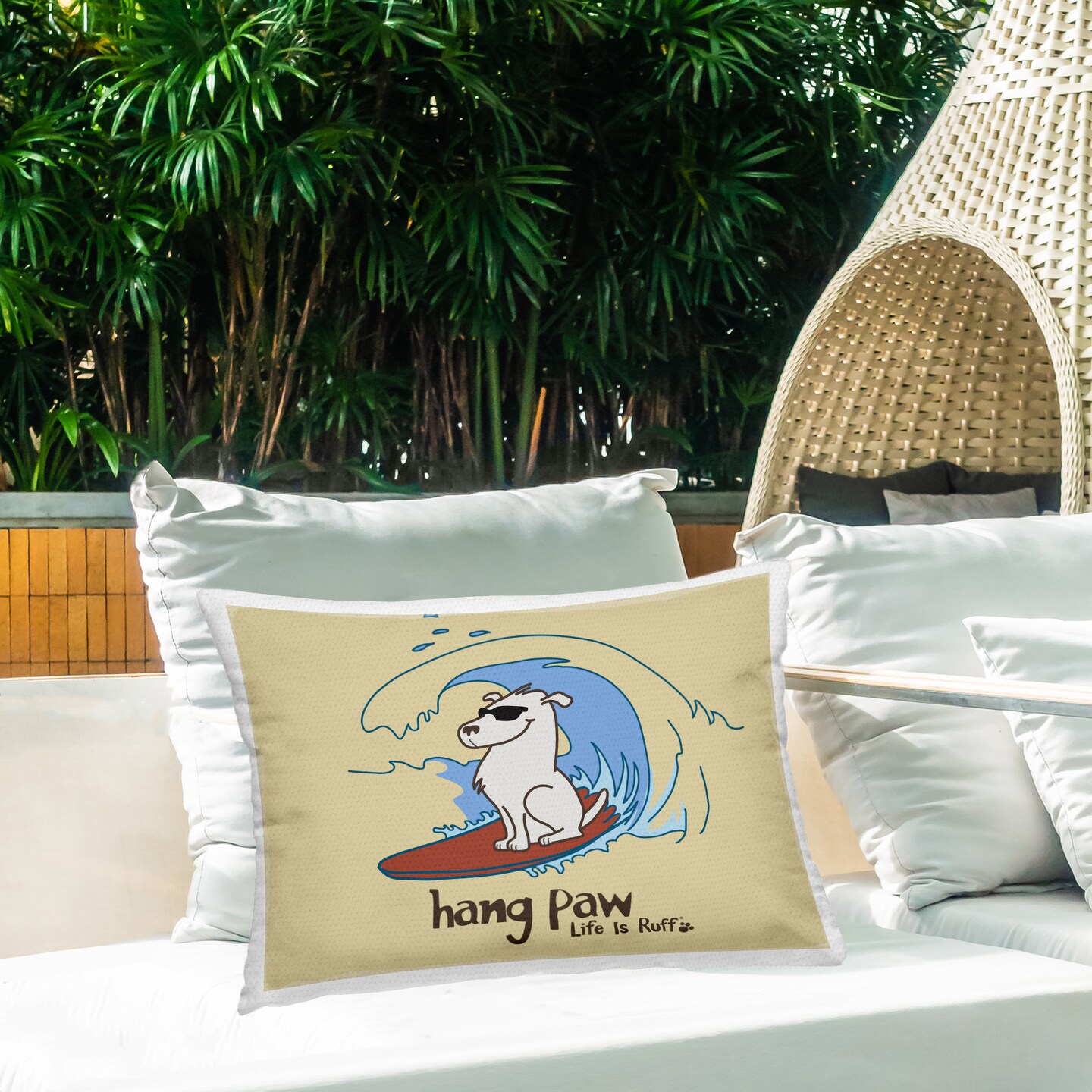Hang Paw Surfing Dog Outdoor Printed Pillow Design by LIR, 14 x 7 x 20