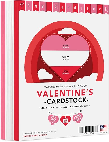 Valentine’s Colored Card Stock Paper, Valentines Day Red, Pink & White 8.5 x 11" Cardstock for Valentine Greetings, Gift Tags, Art & Crafts, Invitations | 25 Red, 25 Pink, 50 White (100 Sheets Total)
