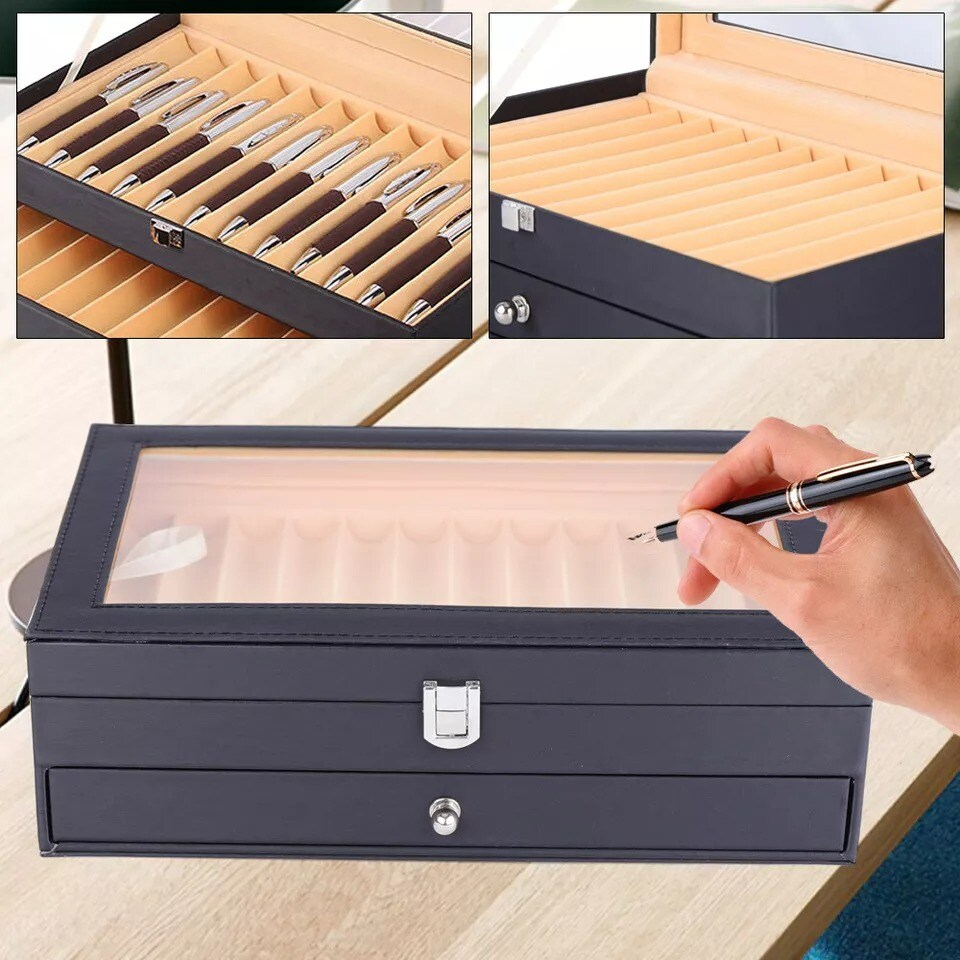 24 Fountain Pen Leather Display Box Holder Organizer Storage Collector Case