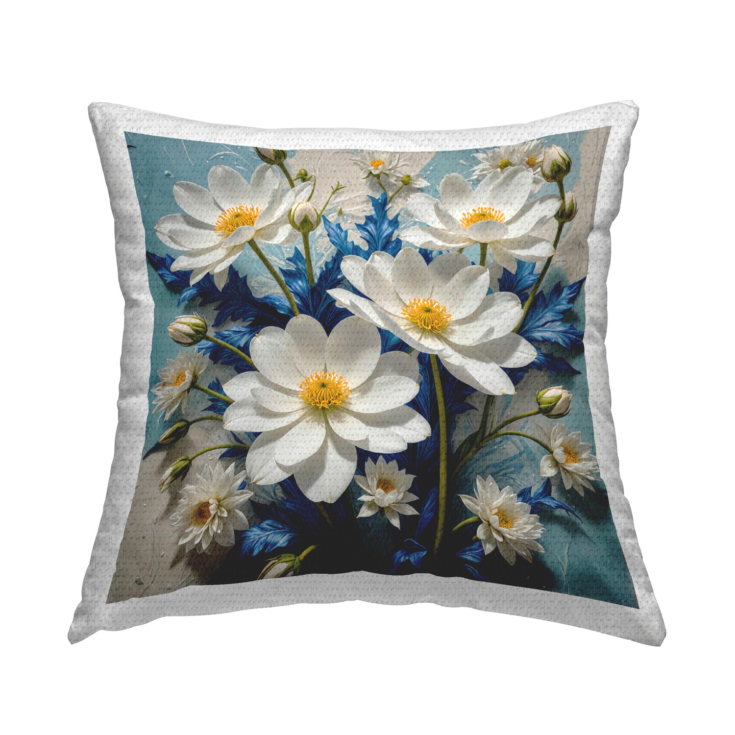 Magnolias &#x26; Blue Florals Outdoor Printed Pillow Design by Yuri Khrushch, 18 x 7 x 18