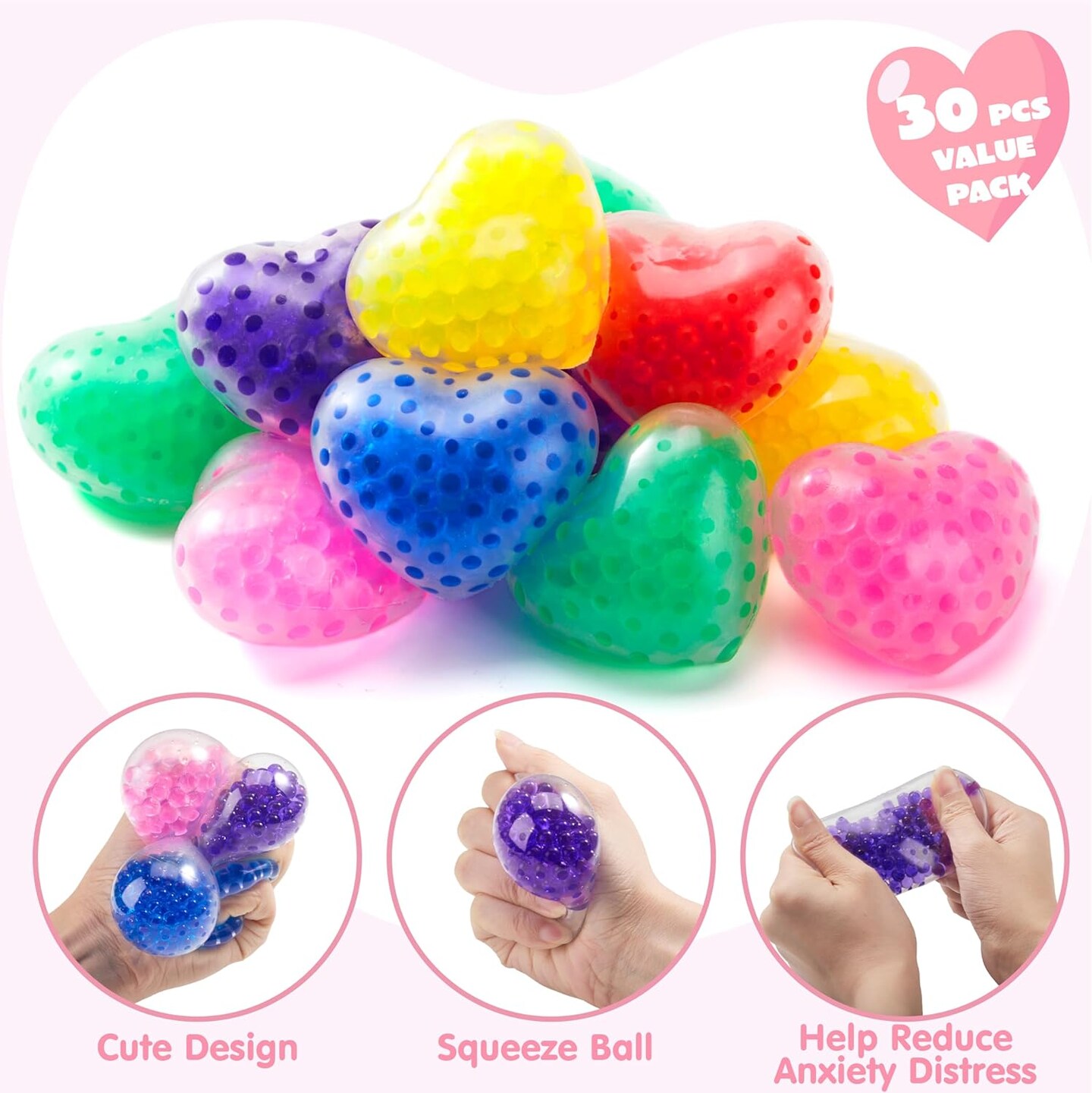 30 PCS Valentines Day Heart Stretchy Balls with Cards, Fidget Bulk Party Favor Supplies, Valentine Exchange Gifts, Valentine Prizes, fidget toys for Adult