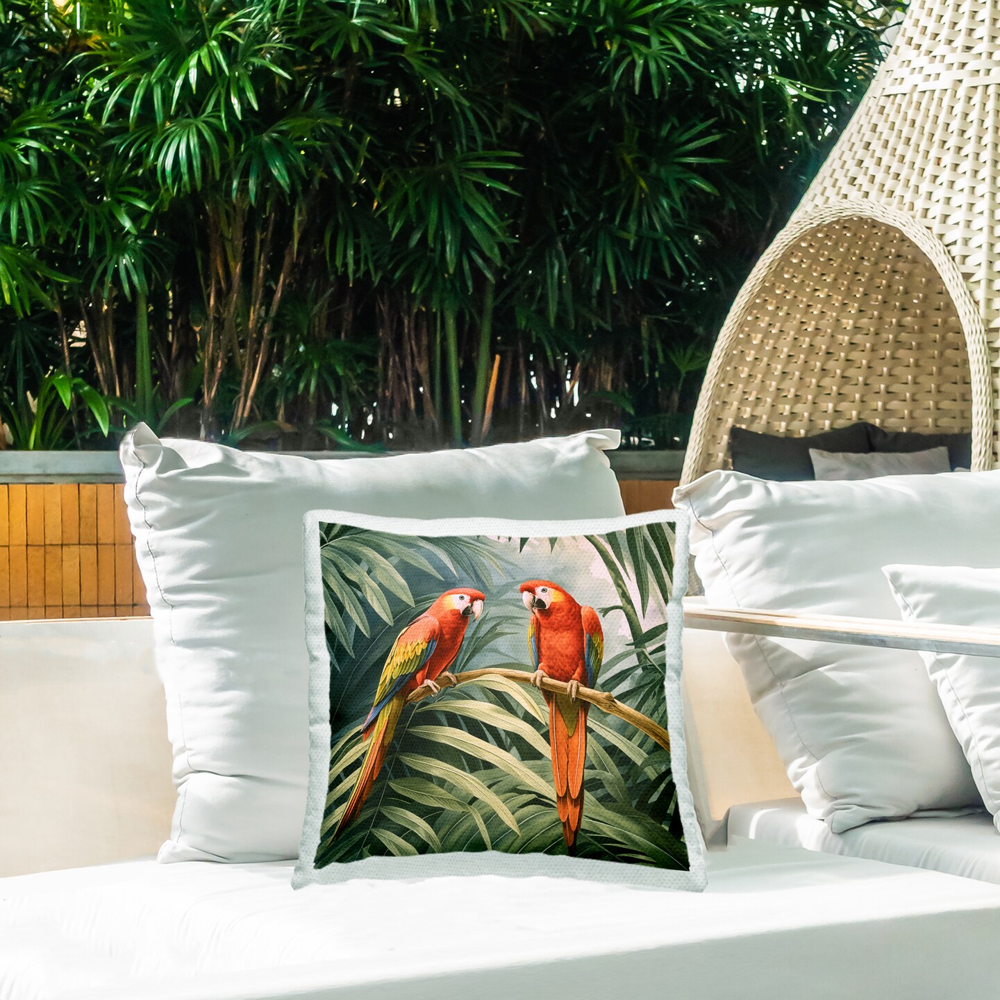 Parrot Duo in Rainforest Outdoor Printed Pillow Design by Steve Hunziker, 18 x 7 x 18