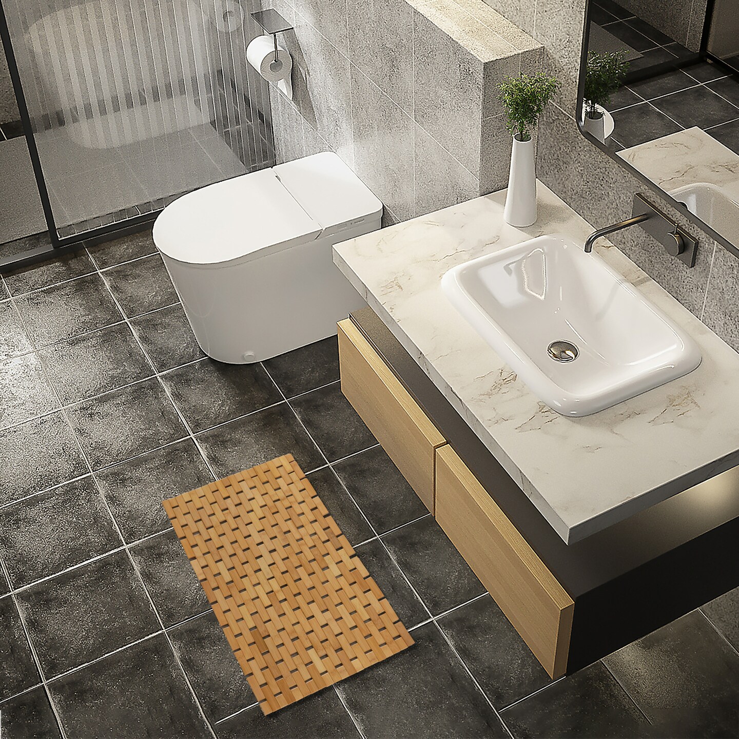 Basicwise Foldable Bamboo Bathroom Mat - Non-Slip Design for Showers, Bathtubs, Spas, and Pools - Providing Comfort, Quick Drying, and a Practical Accessory and Decorative Element for Your Home