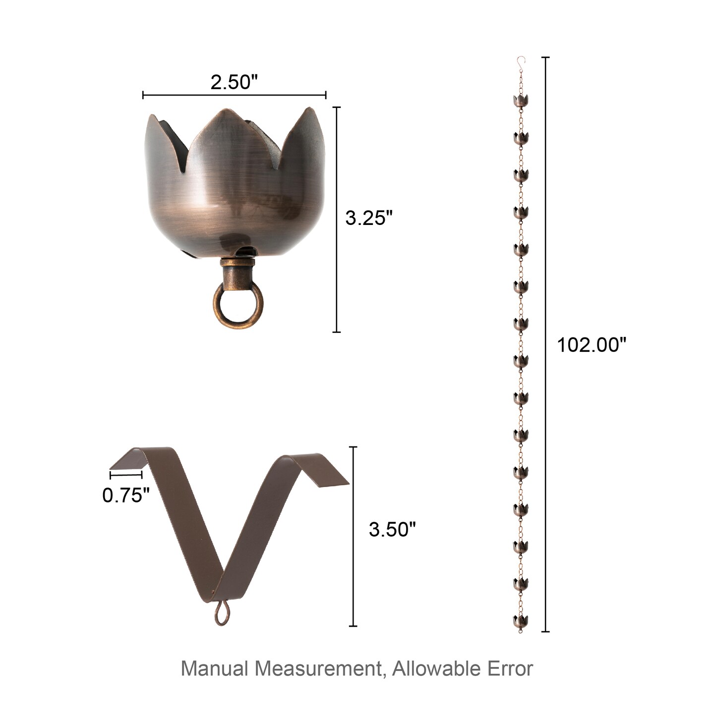 8.5ft 15-Piece Faux Copper Lotus Shaped Rain Chain with V-Shaped Gutter Clip