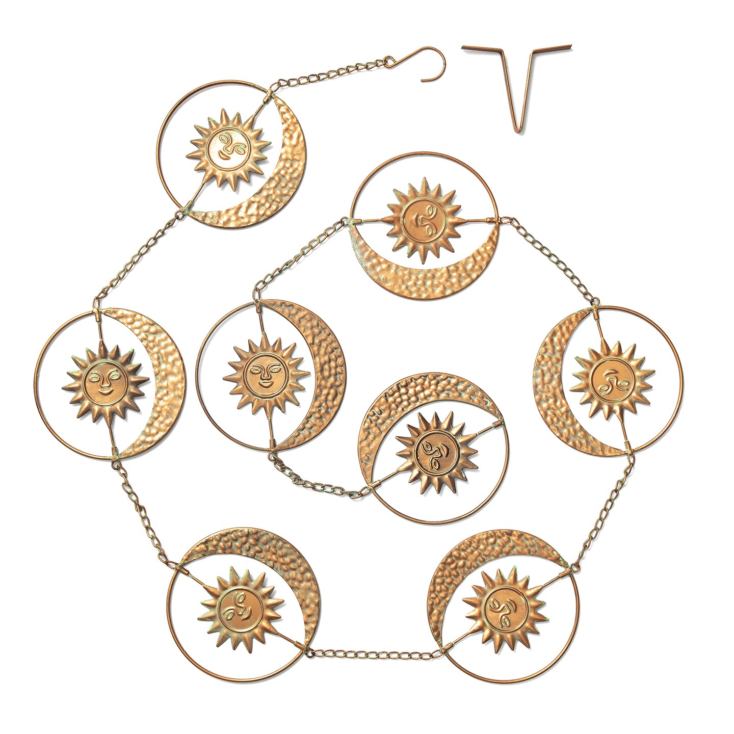 8.5ft 8-Piece Faux Copper Patina Finish Sun and Moon Rain Chain with V-Shaped Gutter Clip
