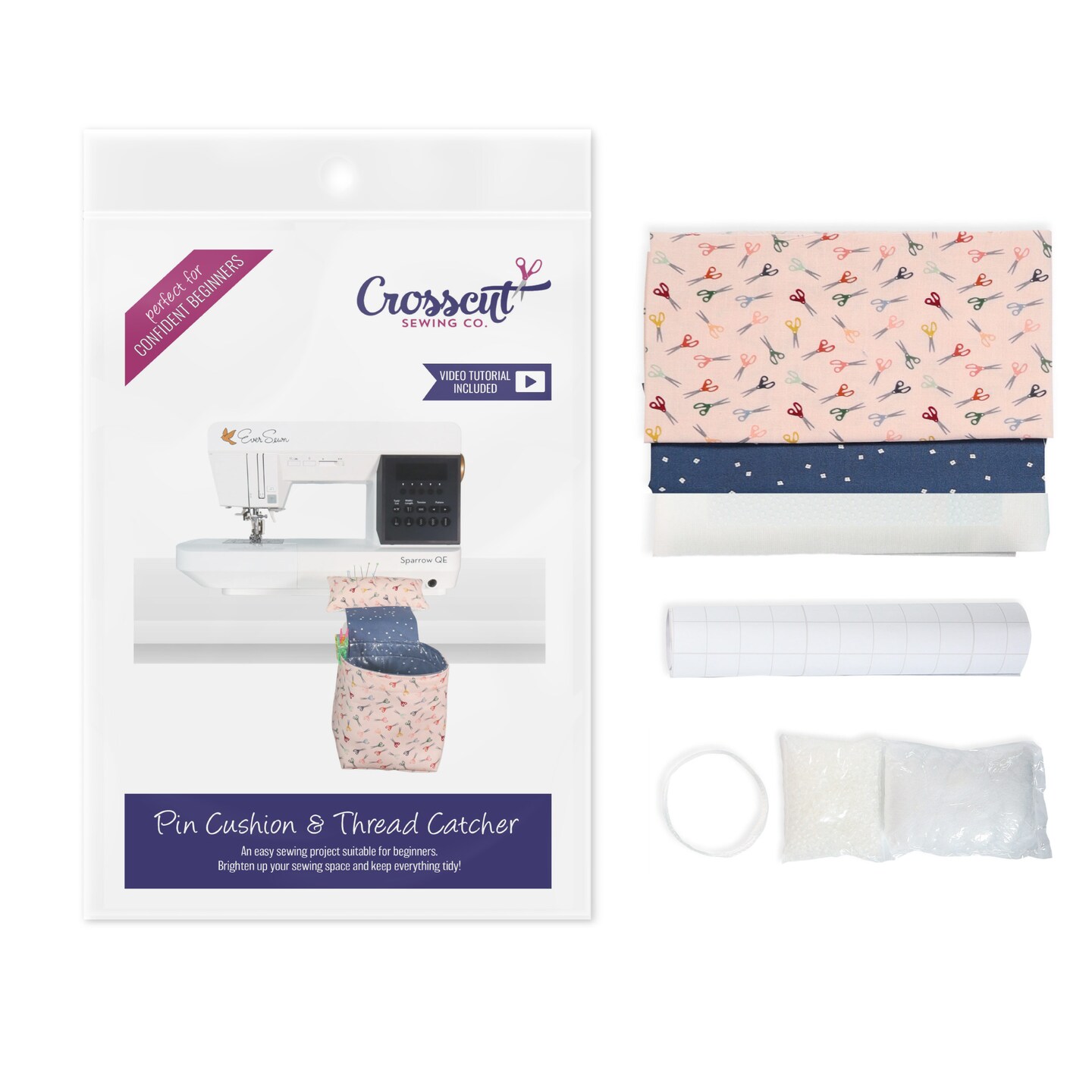 Crosscut Sewing Co.® Pin Cushion & Thread Catcher Sewing Project Kit for Beginners with Fabric, Instructions and Video