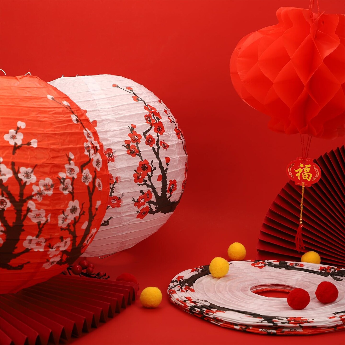 26pcs Chinese Lanterns, Elegant Plum Paper Lanterns Round Chinese Lanterns Spring Festival Lanterns Chinese New Year Lanterns for Spring Festival Decoration Outdoor (2 Types)