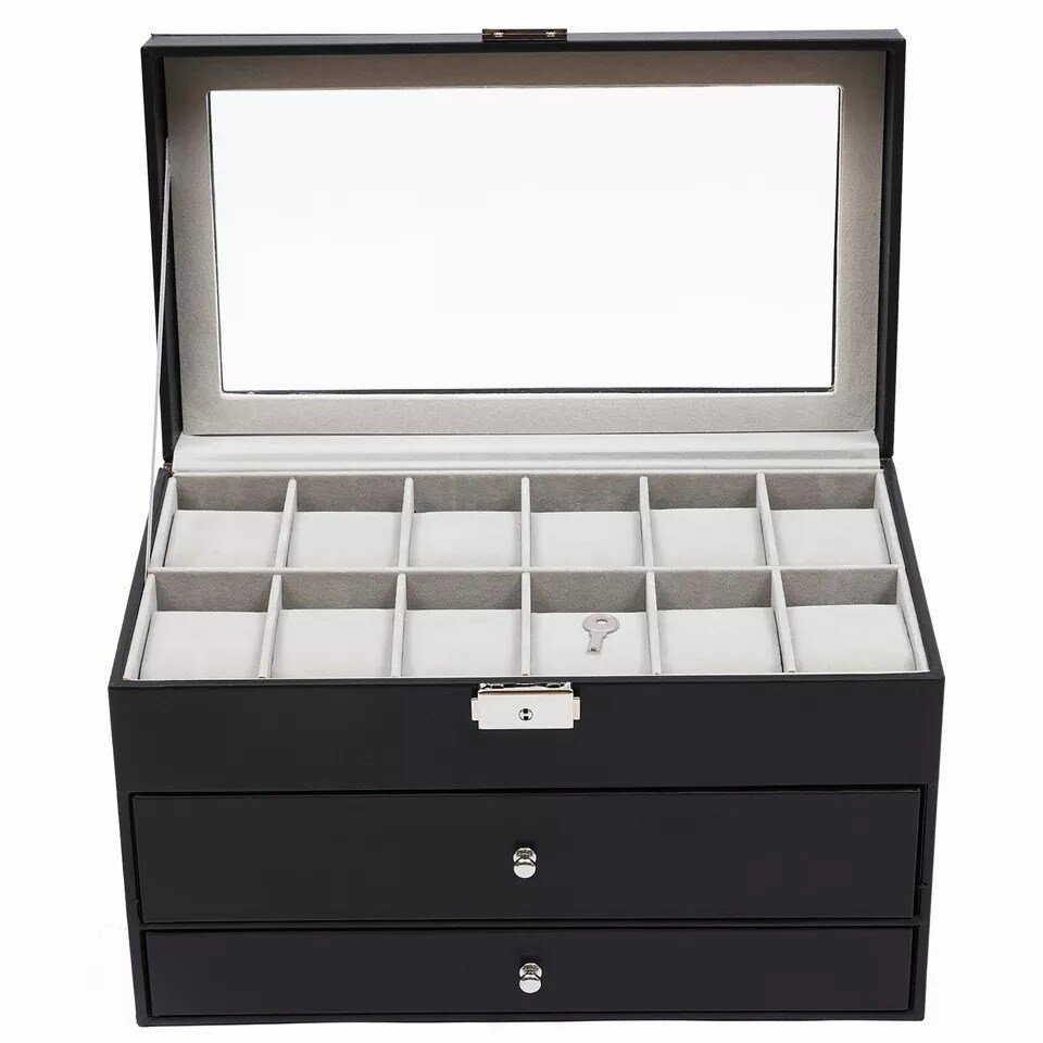 Watch Display Box&Jewelry Storage Case Multi-Purpose Organizer Box w/ Glass Top