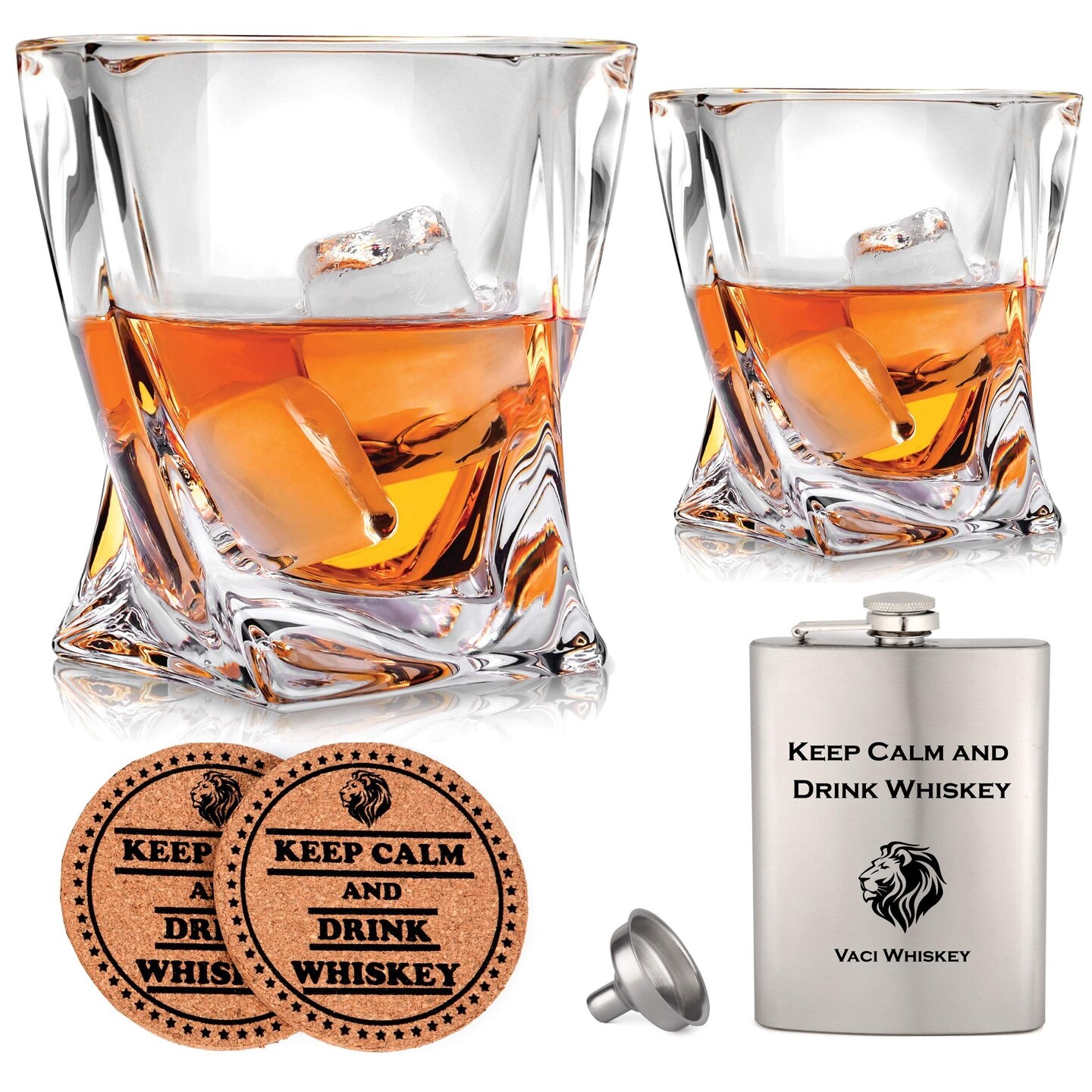 Vaci Crystal Whiskey Glasses – Set of 2 Bourbon Glasses, Tumblers for Drinking Scotch, Cognac, Irish Whisky, Large 10oz Premium Lead-Free with Stainless Steel Flasks, Cups, Luxury Gift Box