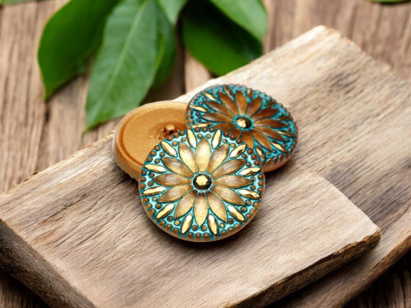31mm Flower Button Gold with a Turquoise Wash and Gold Accents - Czech Glass Buttons