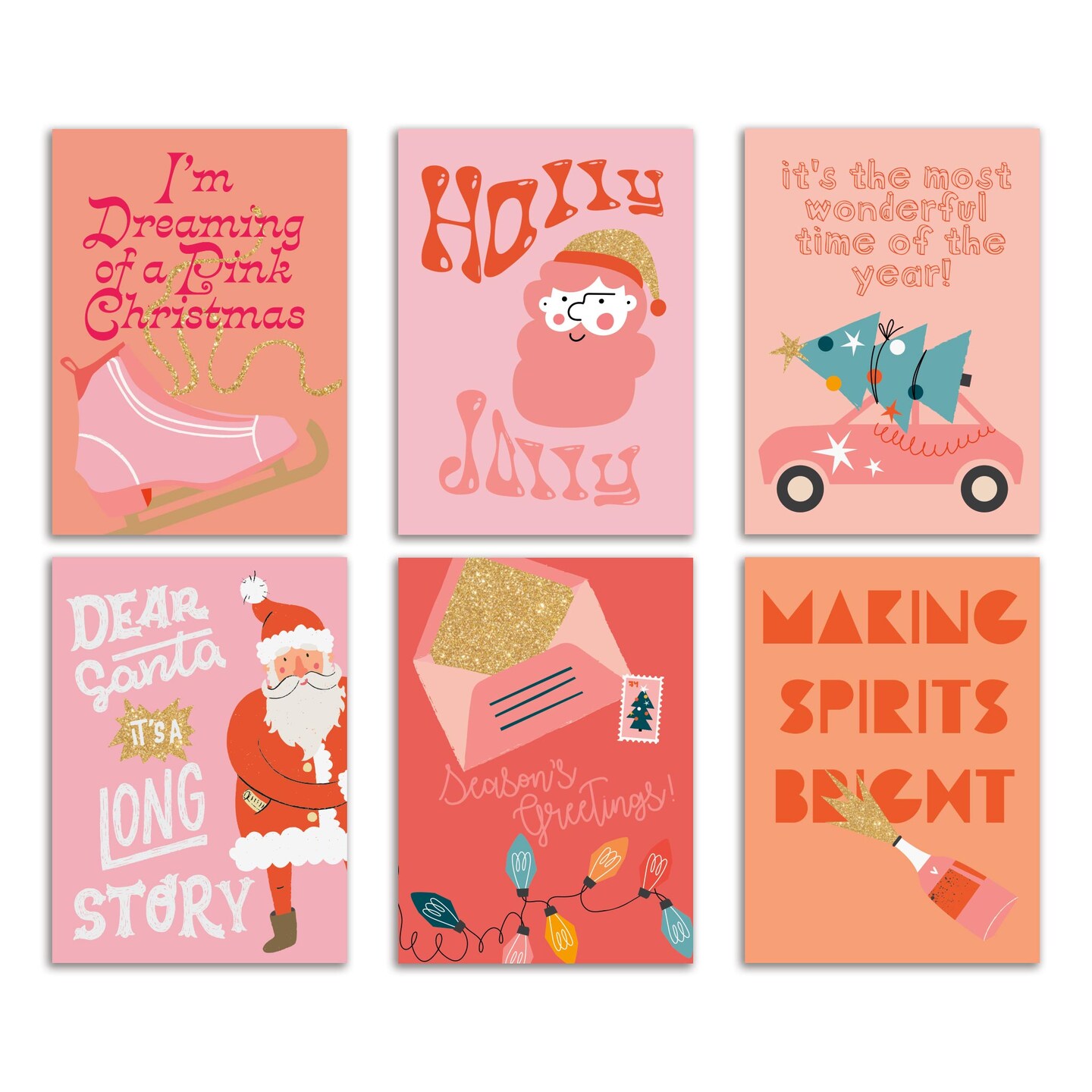 Trendy Pink Christmas Greeting Cards Boxed Set &#x2013; 24 Modern Holiday Notecards Featuring 6 Fun and Festive Designs, Perfect for Spreading Cheer with Style and Humor