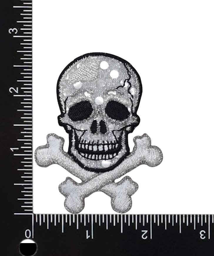 Silver Shimmery Skull, Crossbones, Embroidered, Iron on Patch