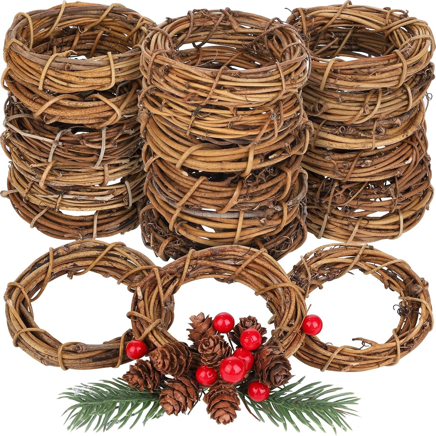24 Pieces Grapevine Wreaths Vine Branch Wreath Natural Christmas Rattan Wreath Garland Decoration for Christmas Holiday Craft or Wedding Supplies, 4 Inch