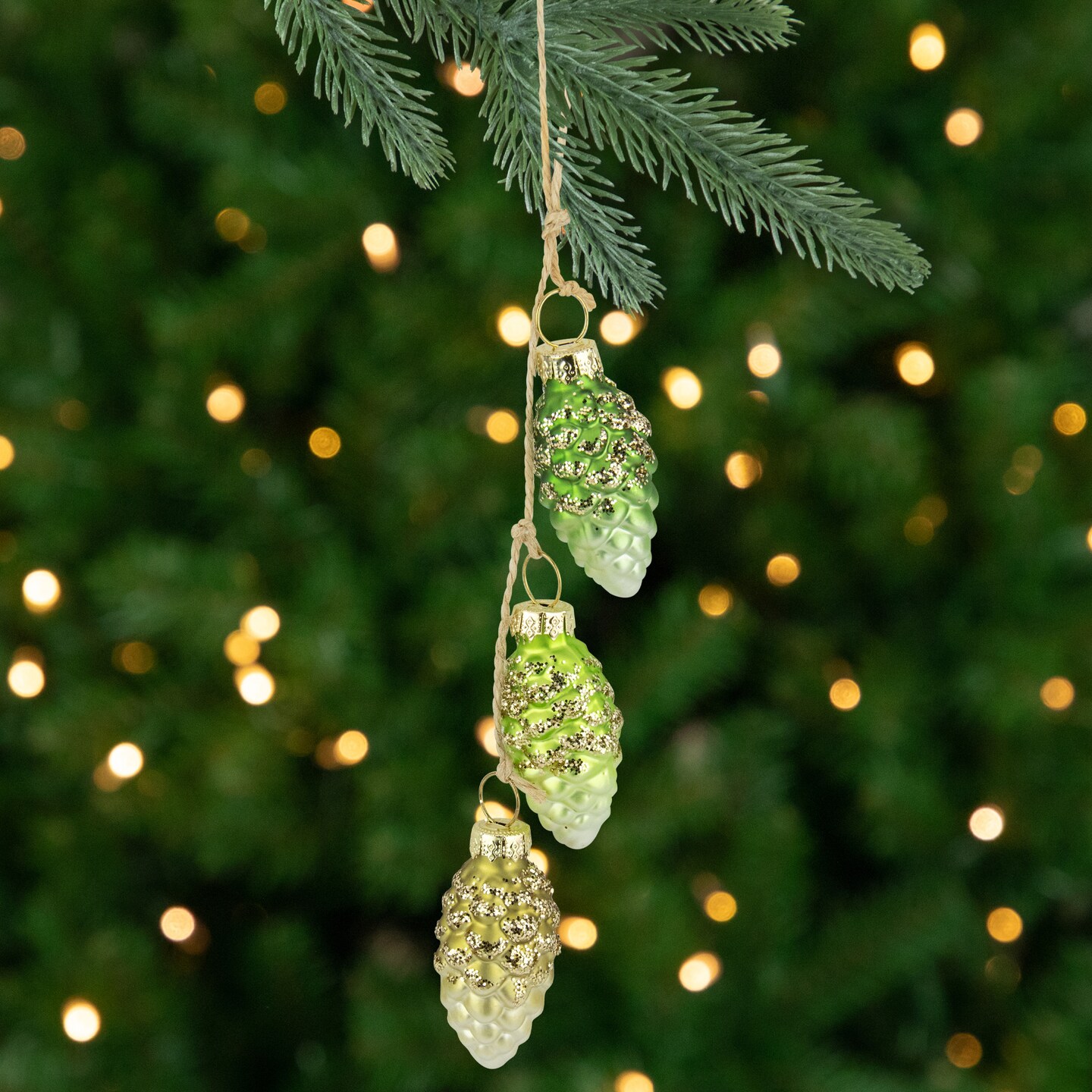 Northlight Dangling Pine Cone Christmas Glass Ornament - 7" - Lime Green and White