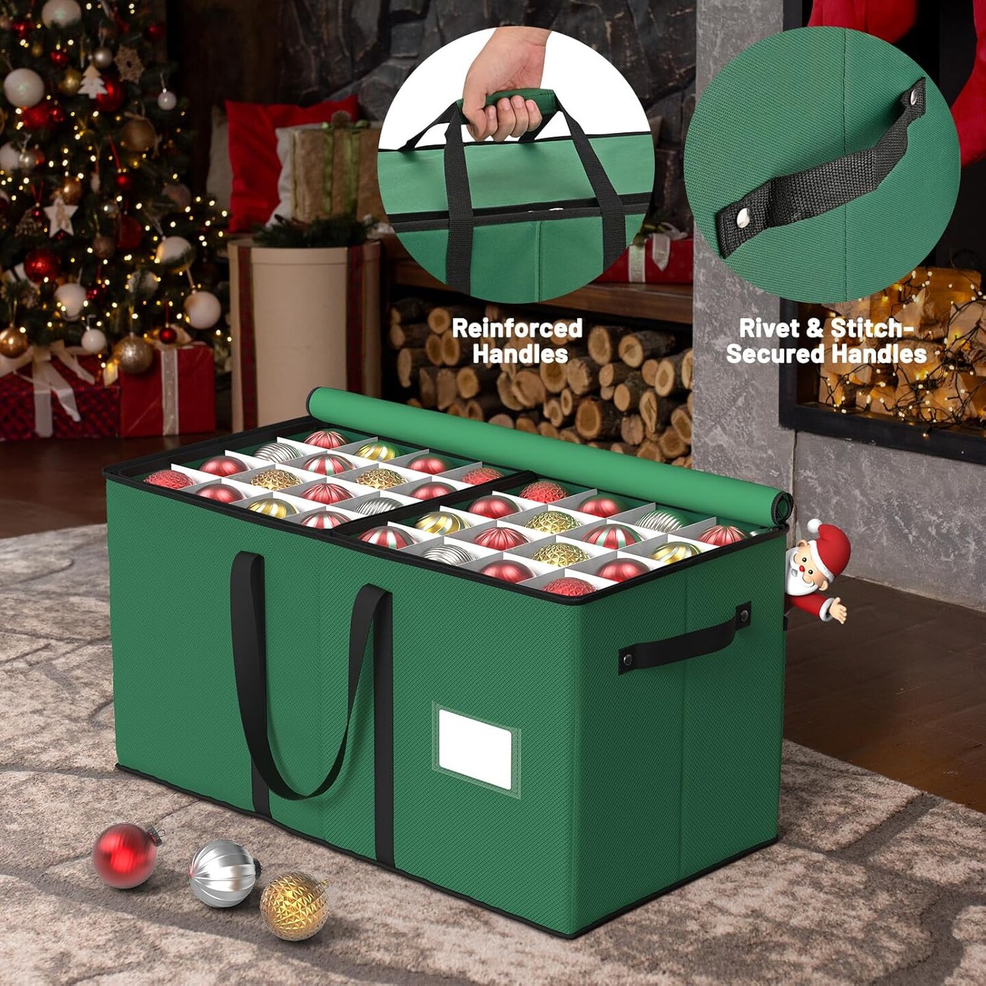 Christmas Ornament Storage Box with 8 Trays,Christmas Storage Container with Dividers Fits 128 Holiday Ornaments Decorations,Double Zipper,Large Xmas Organizer with Pockets