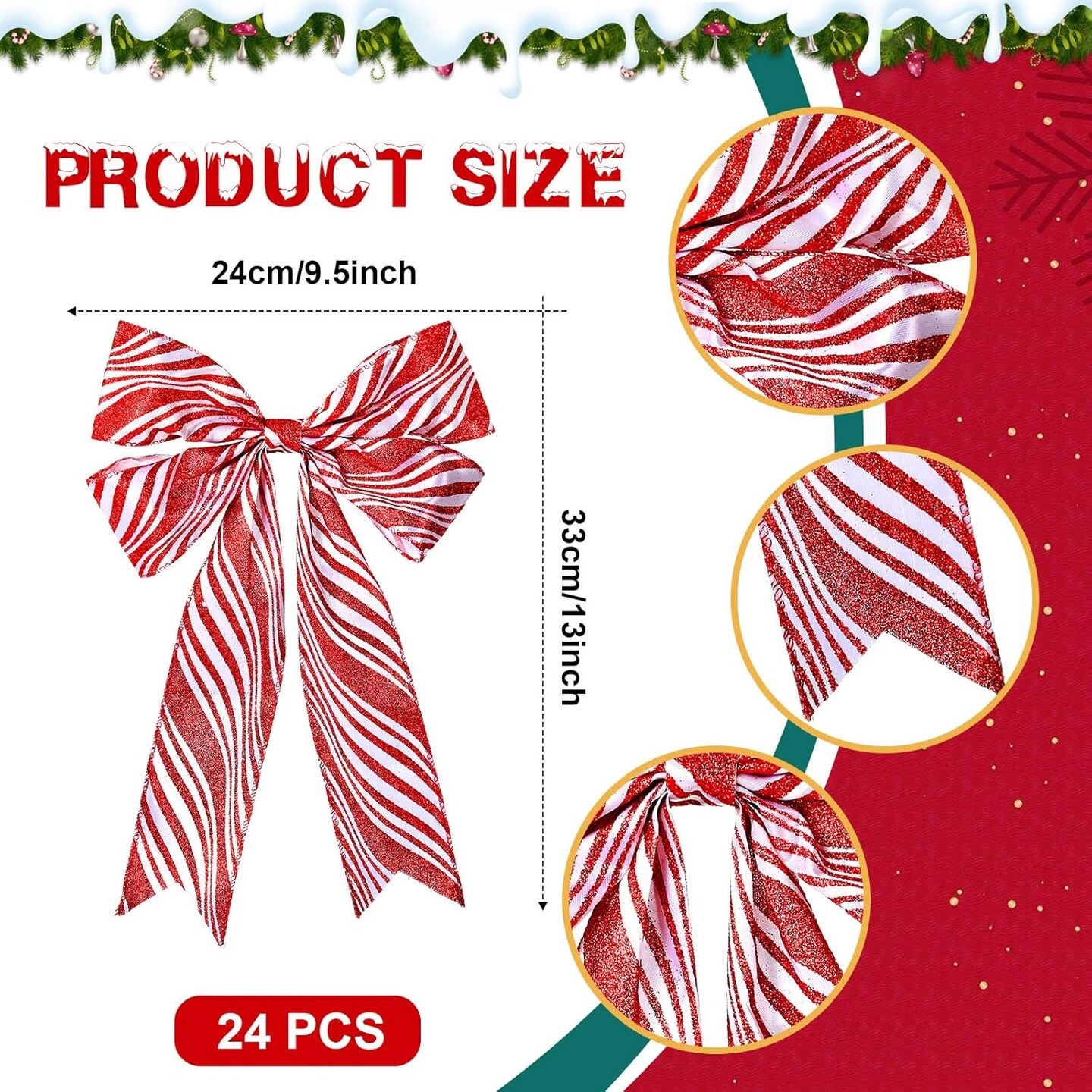 24 Pcs Christmas Bows for Xmas Tree Christmas Wreath Bow Large Decorative Bow Ribbon Bow for Gift Indoor Outdoor Home and Party Holiday Decorations(Red and White,Striped)