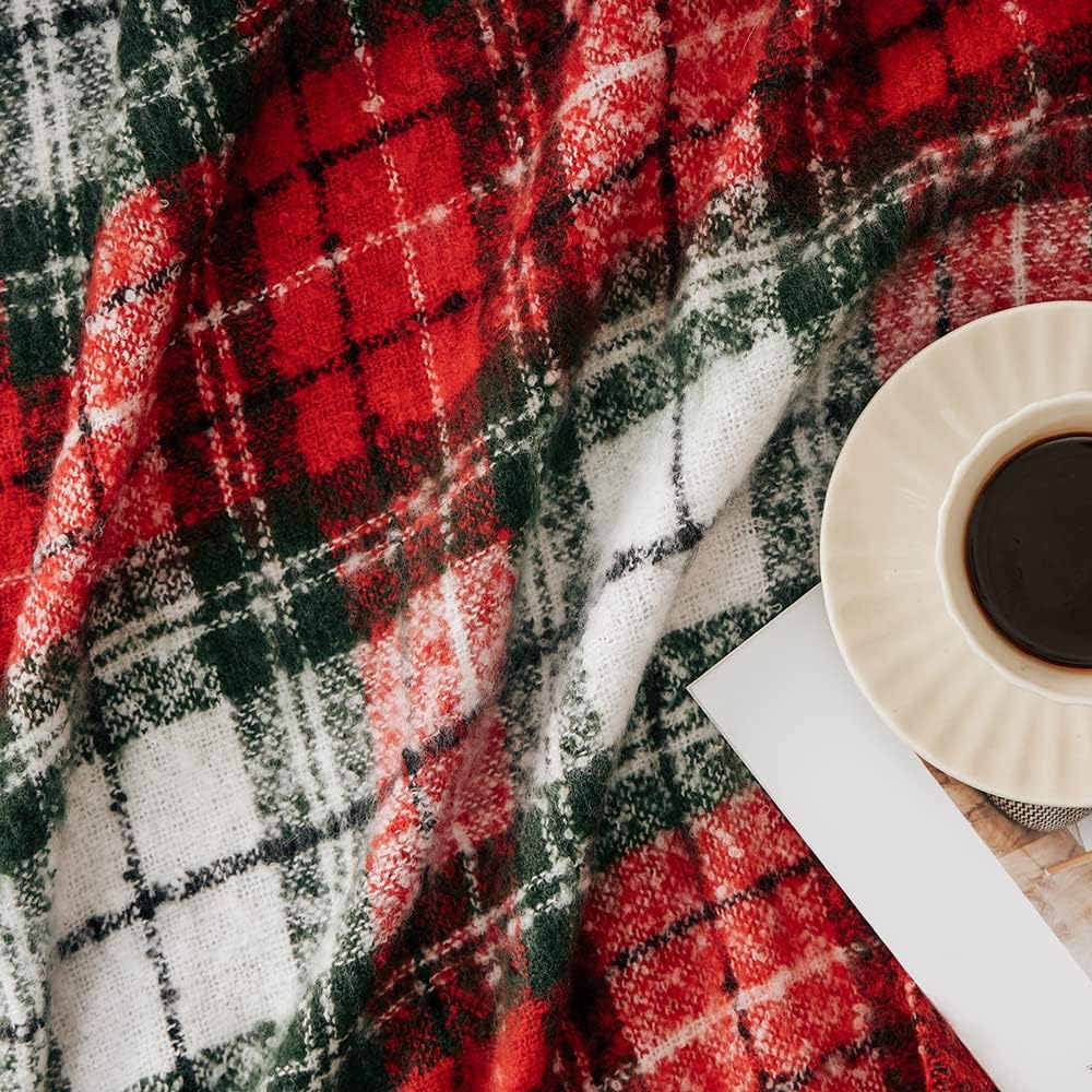 Christmas Plaid Throw Blanket Green Red Super Soft Faux Cashmere with Tassels for Couch Sofa Halloween Home Decor 50in x 60in (Xmas)