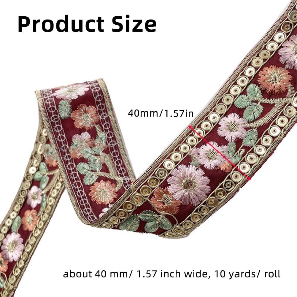 10 Yards 1.5 Inch Flower Jacquard Ribbon Trim Embroidered Ribbon Red Embroidery Tape Boho Floral Fabric Applique Sewing Ribbons for Sewing Making Craft Gift Diy Christmas Embellishment Decor