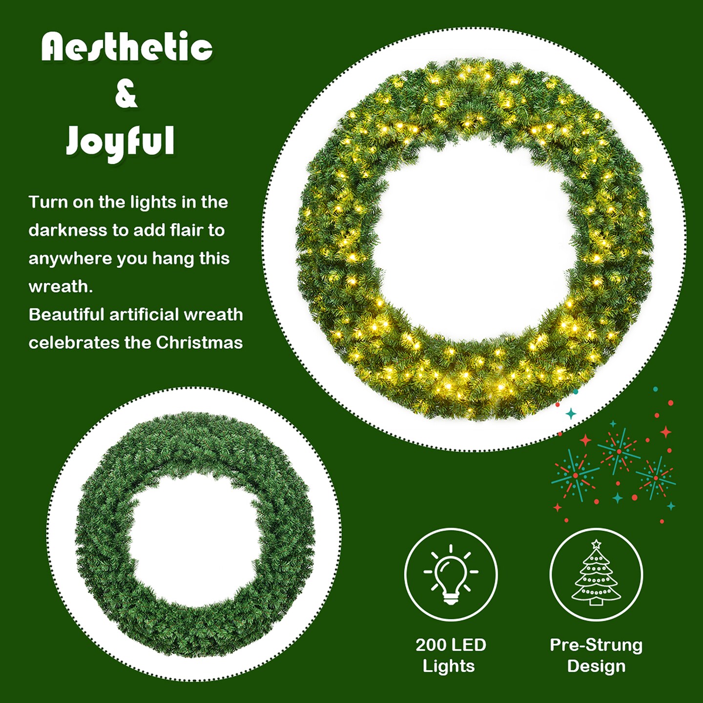 Costway 48&#x27;&#x27; Pre-lit Cordless Artificial Christmas Wreath 714 Tips w/ 200 LED Light&#x26;Timer