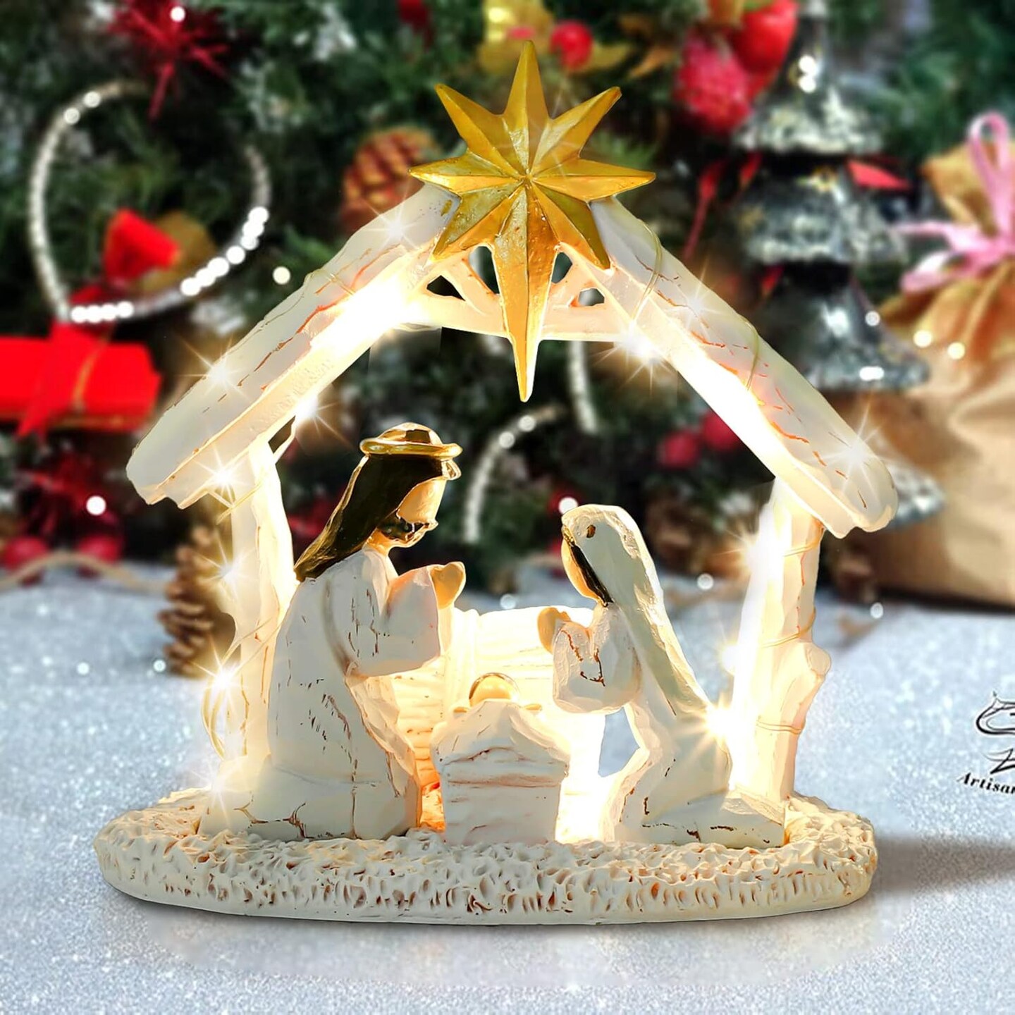 Nativity Set for Christmas Indoor Nativity Scene Indoor Christmas Decoration with LED Lights Christmas Tabletop Decoration Memory (Figurines Nativity Scene)